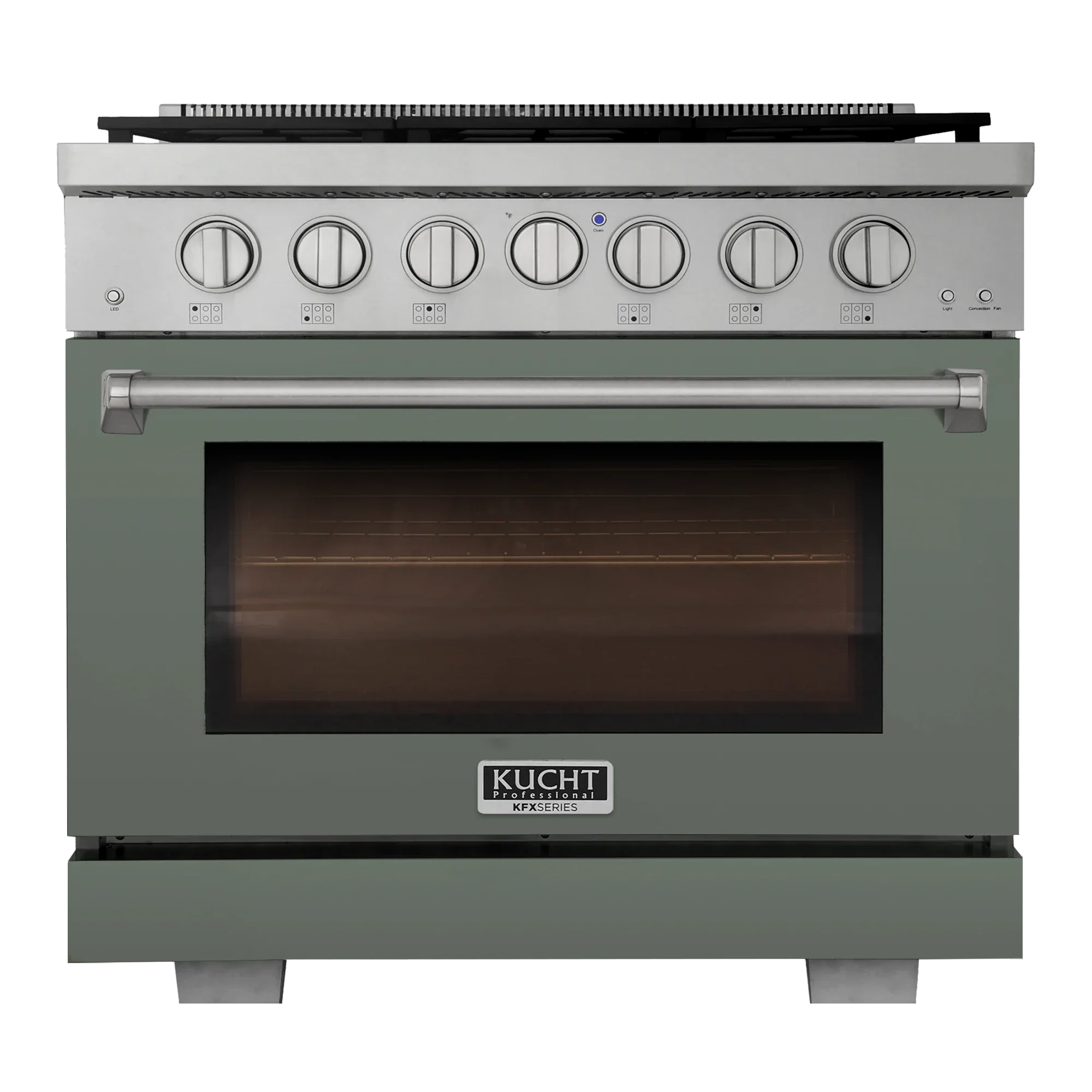 Olive green Kucht propane gas range with large windowed oven door and control panel
