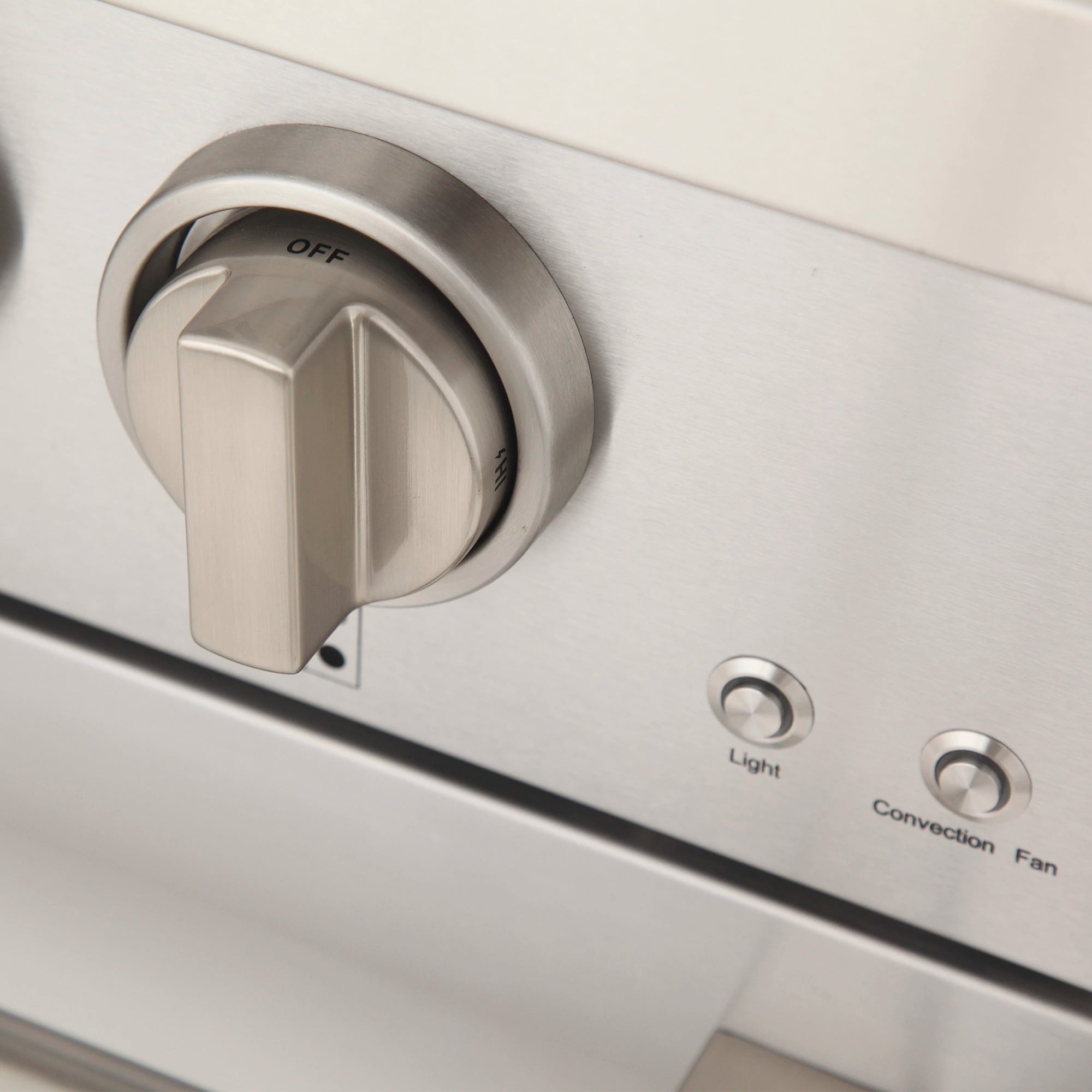 Gas range control knob with OFF marking, plus labels for Light and convection fan