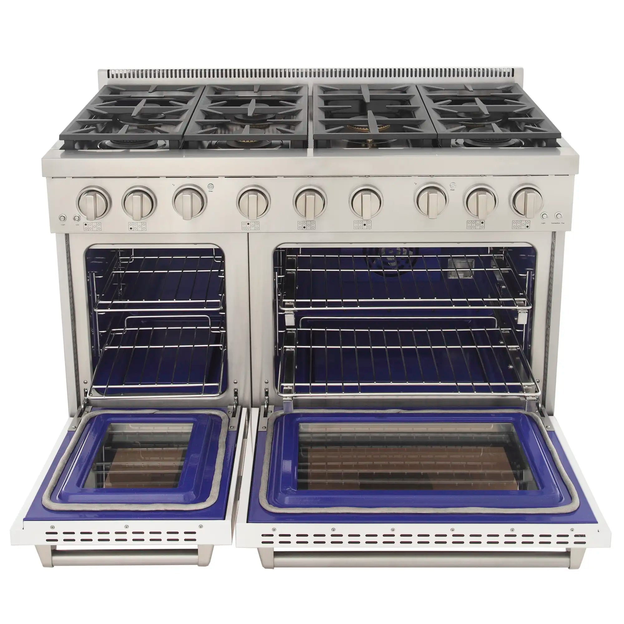 White gas range with stainless knobs and two open oven doors
