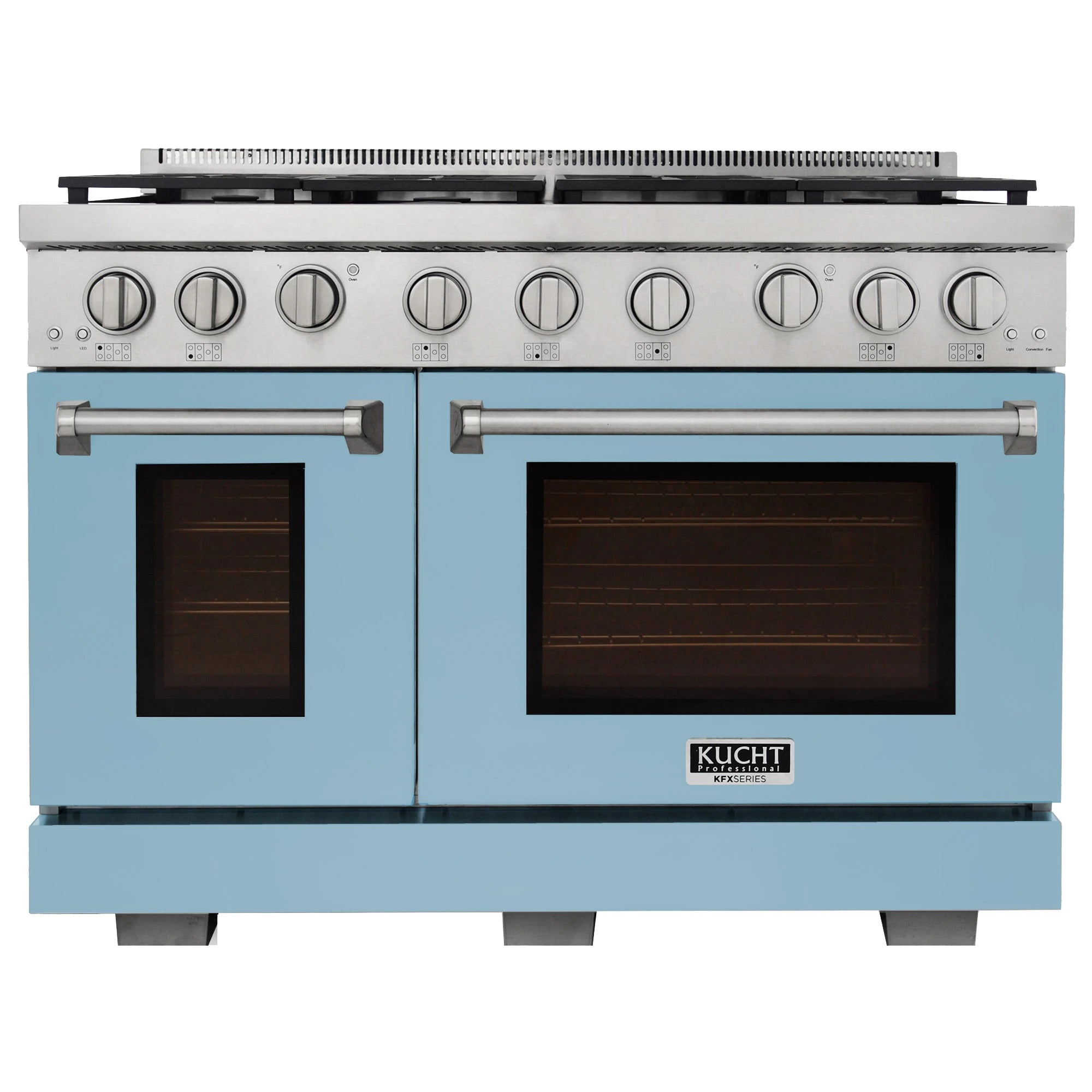 Light blue gas range with two oven doors and front control knobs