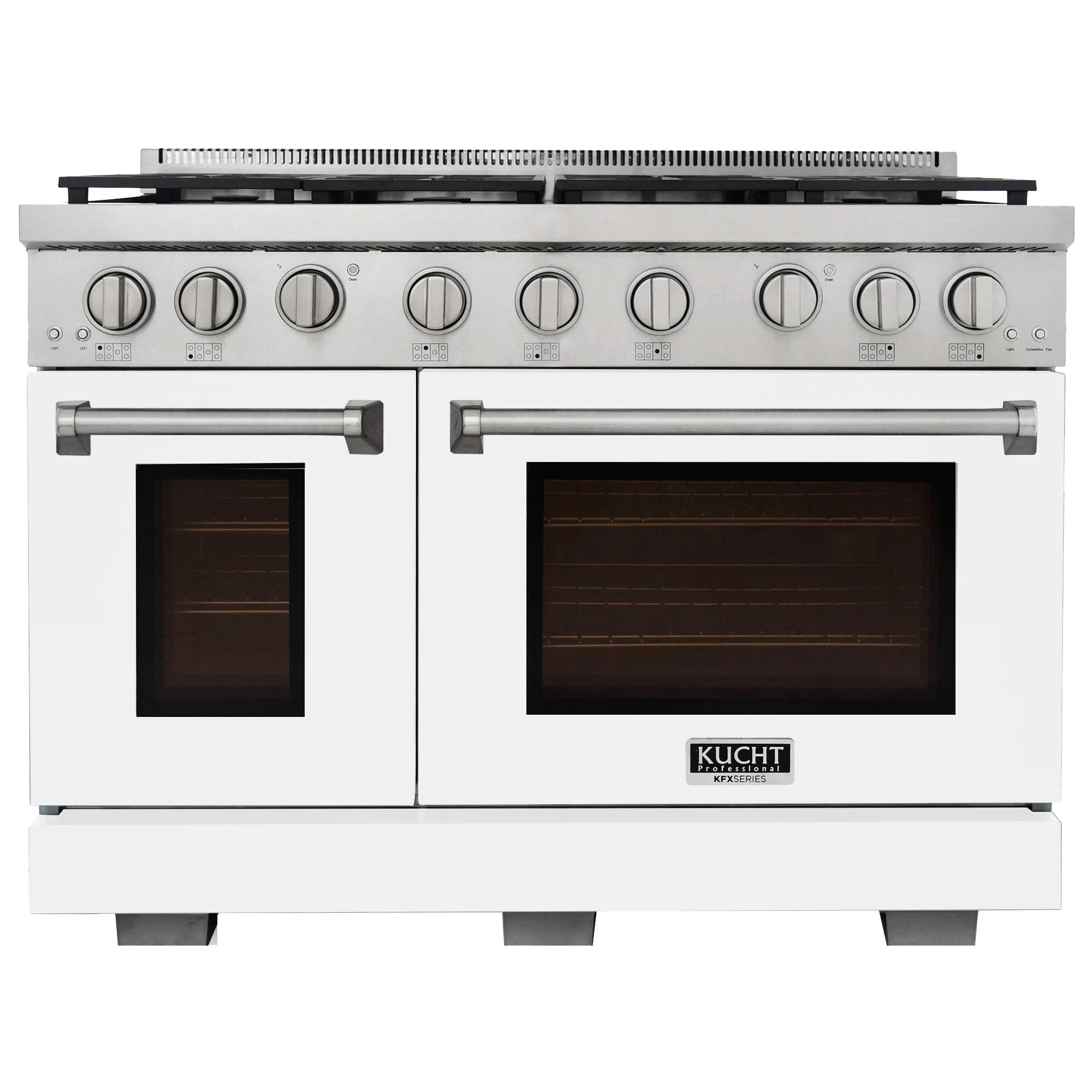 White Kucht gas range front with two oven doors and row of control knobs