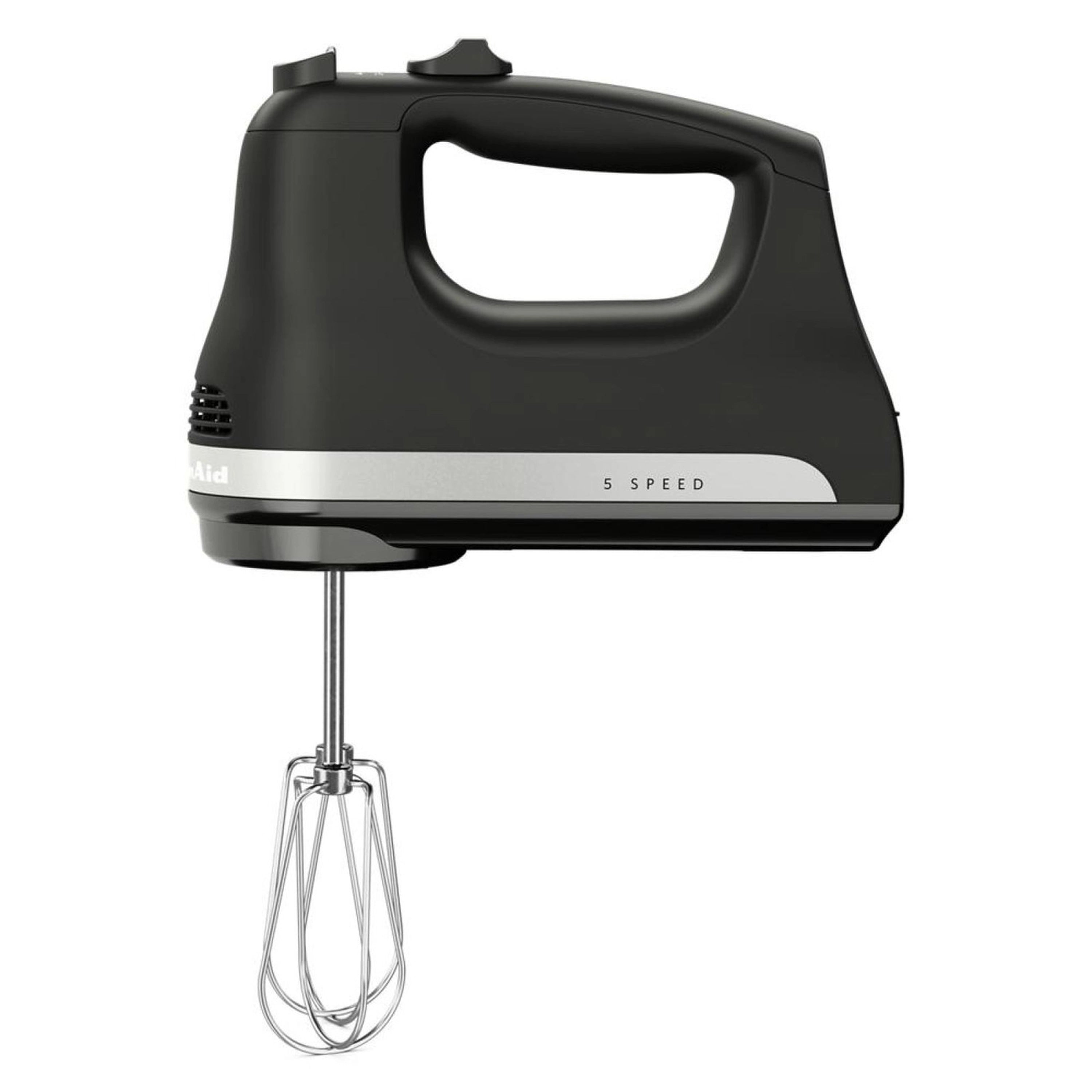 Black matte 5-speed hand mixer showing handle and beaters