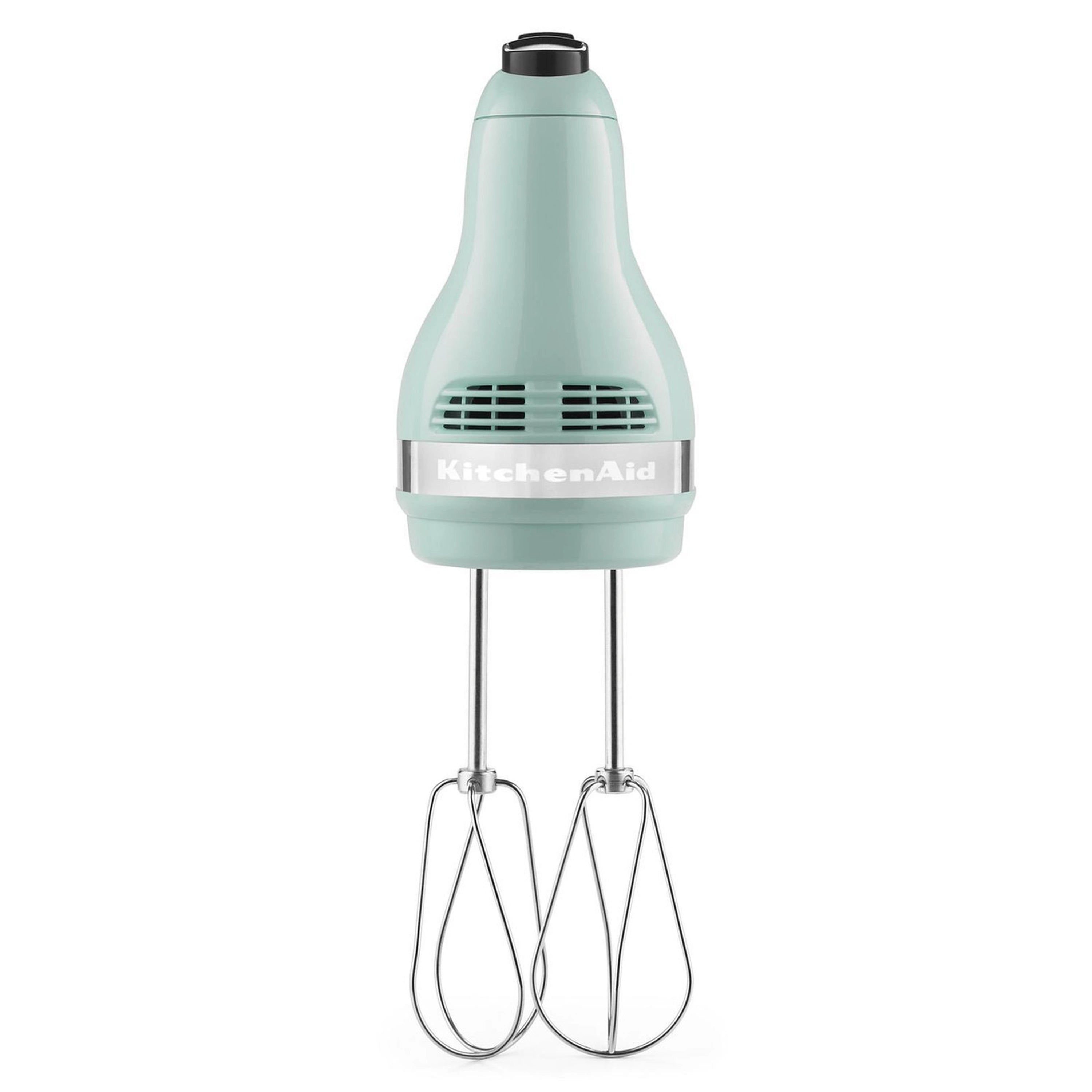 Ice-colored KitchenAid hand mixer with chrome beaters and black top speed button