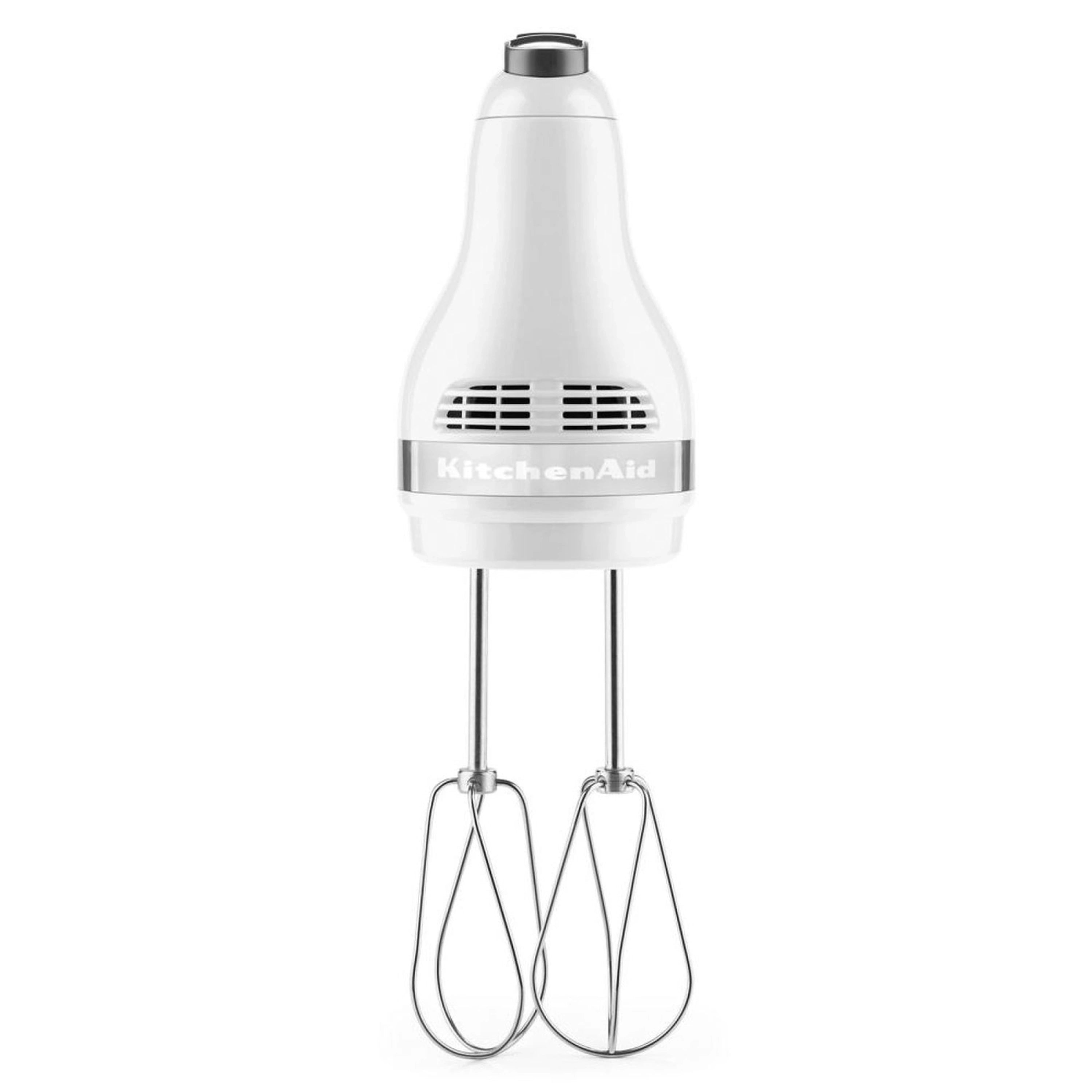 White KitchenAid 5-speed hand mixer with chrome whisk beaters