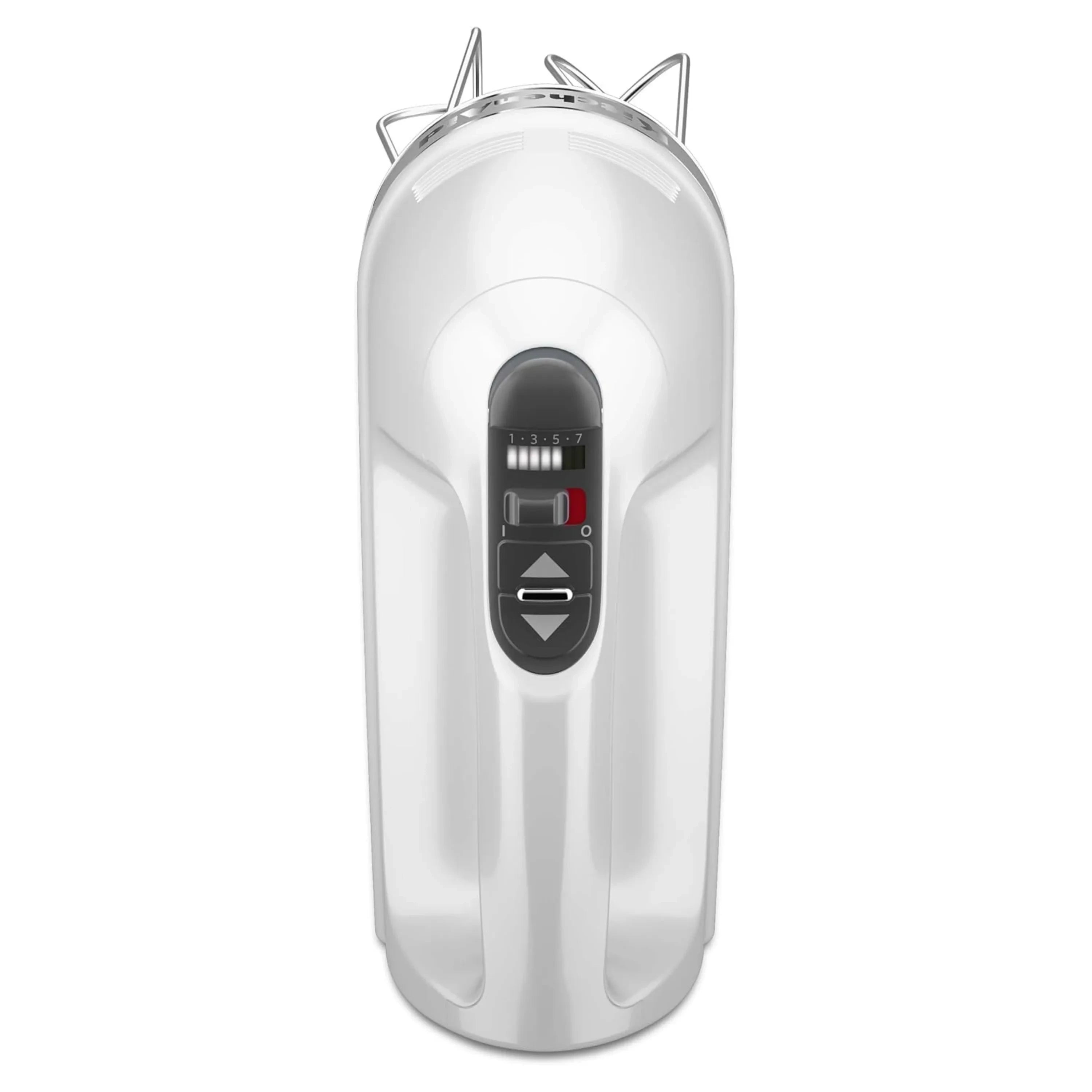 White hand mixer base with speed control slider and eject switch