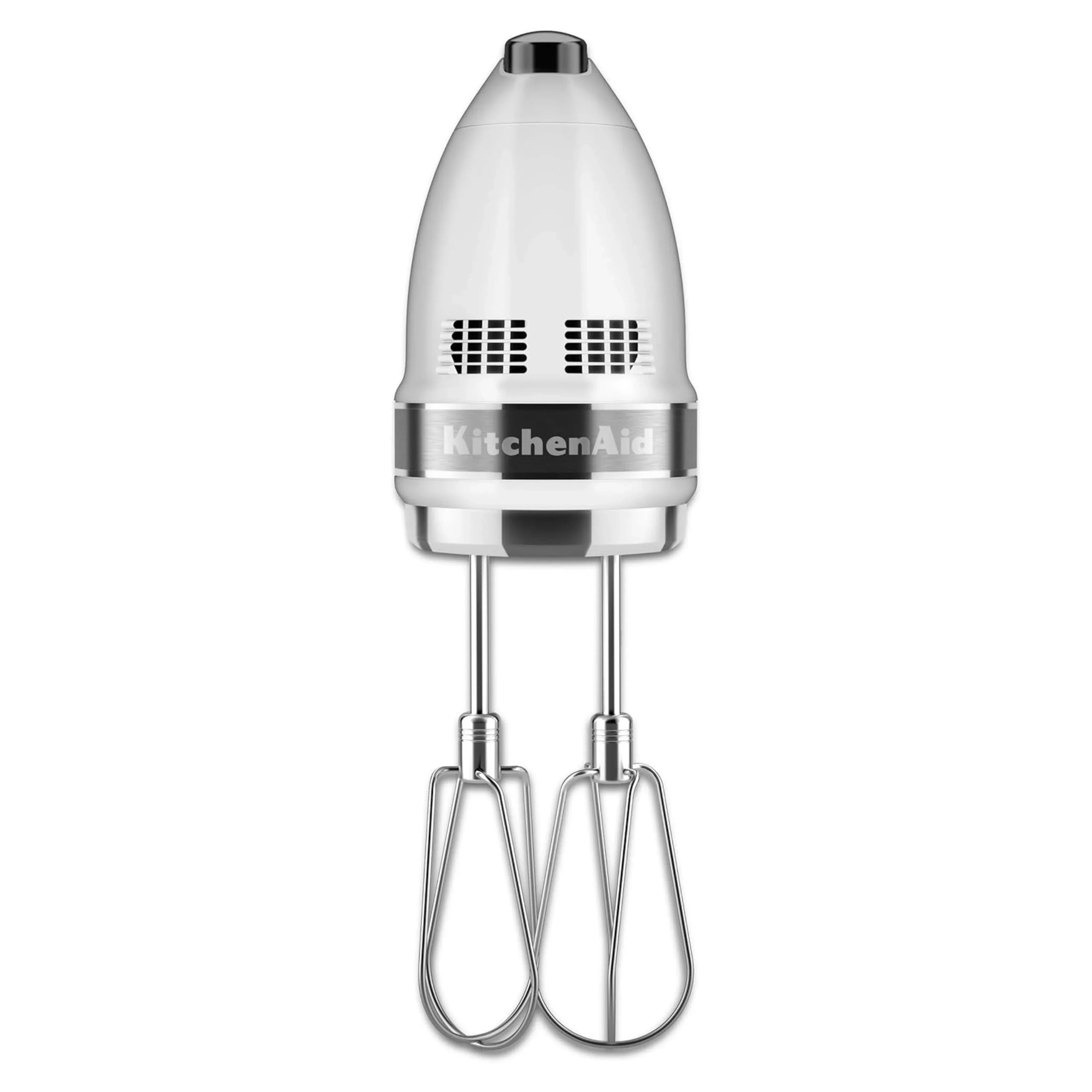 White hand mixer head with vented grille and two whisk beaters