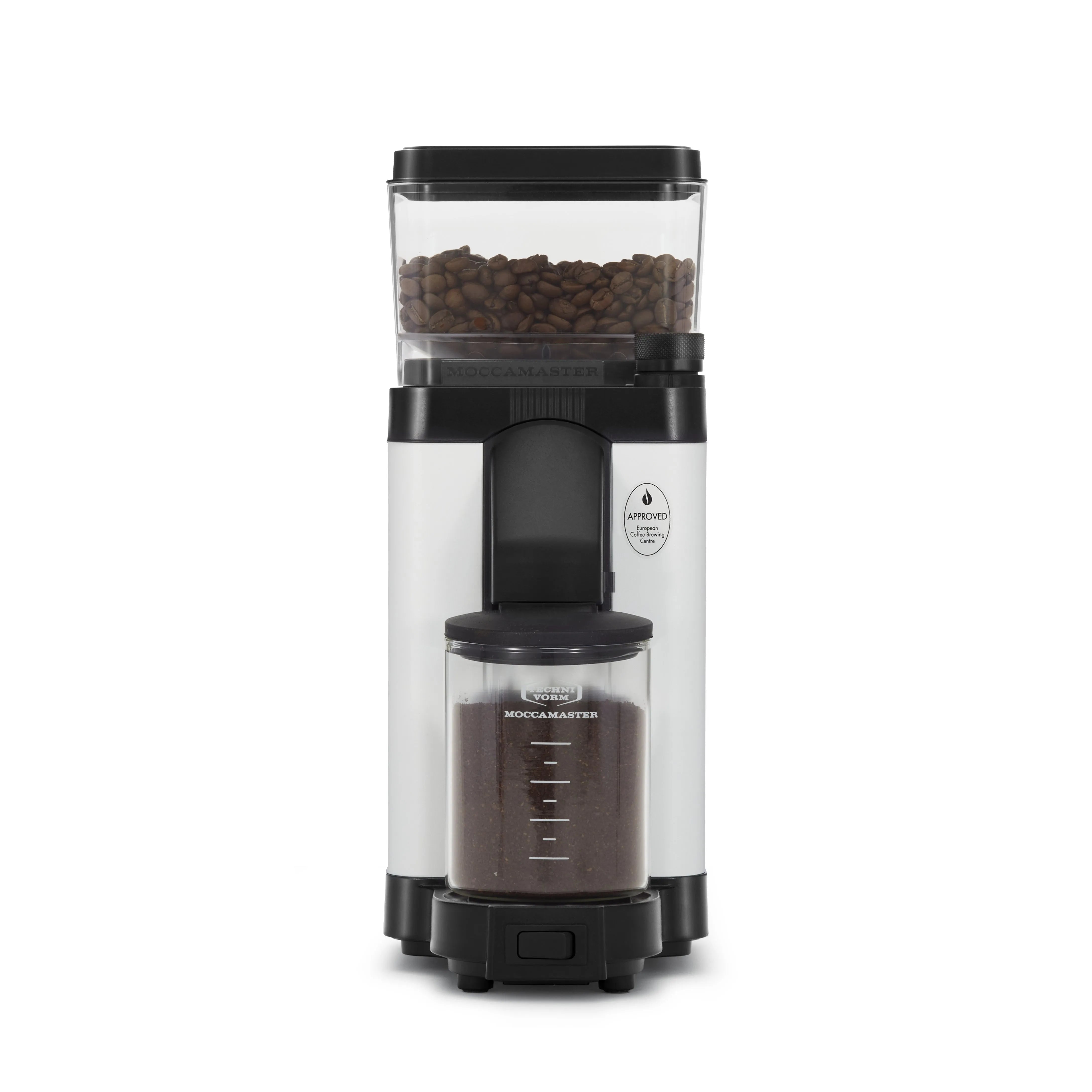 Matte white coffee burr grinder with clear bean hopper and grounds chute, front view.