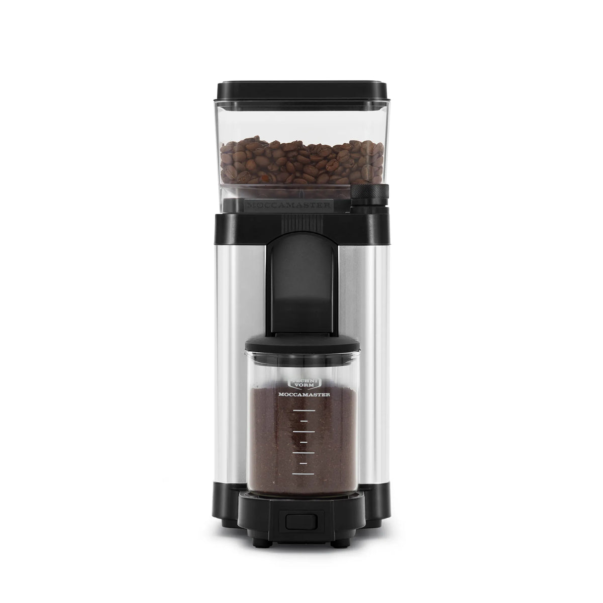 Polished silver burr grinder with black hopper lid and integrated grounds bin