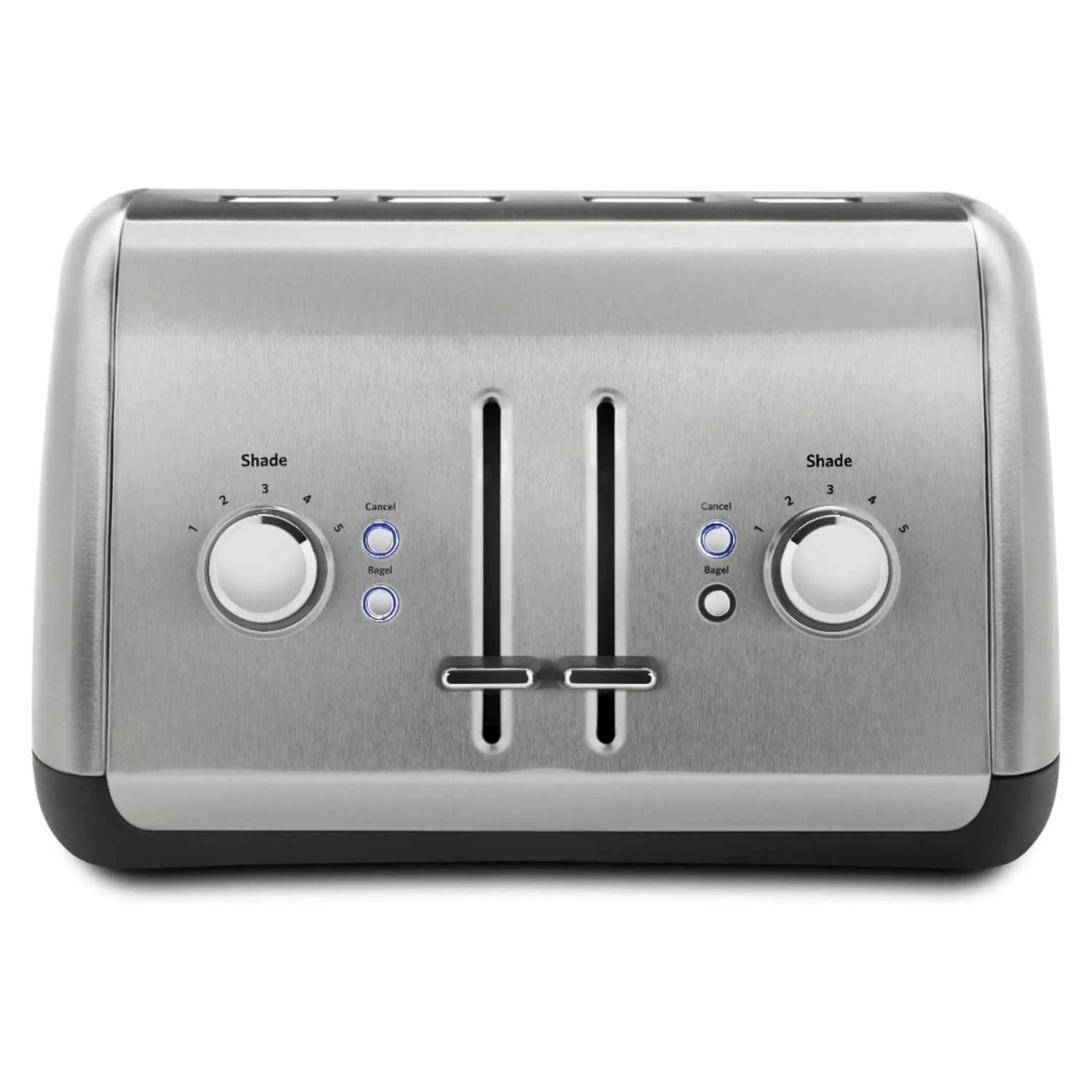 Brushed stainless steel 4-slice toaster with two shade dials and dual lift levers