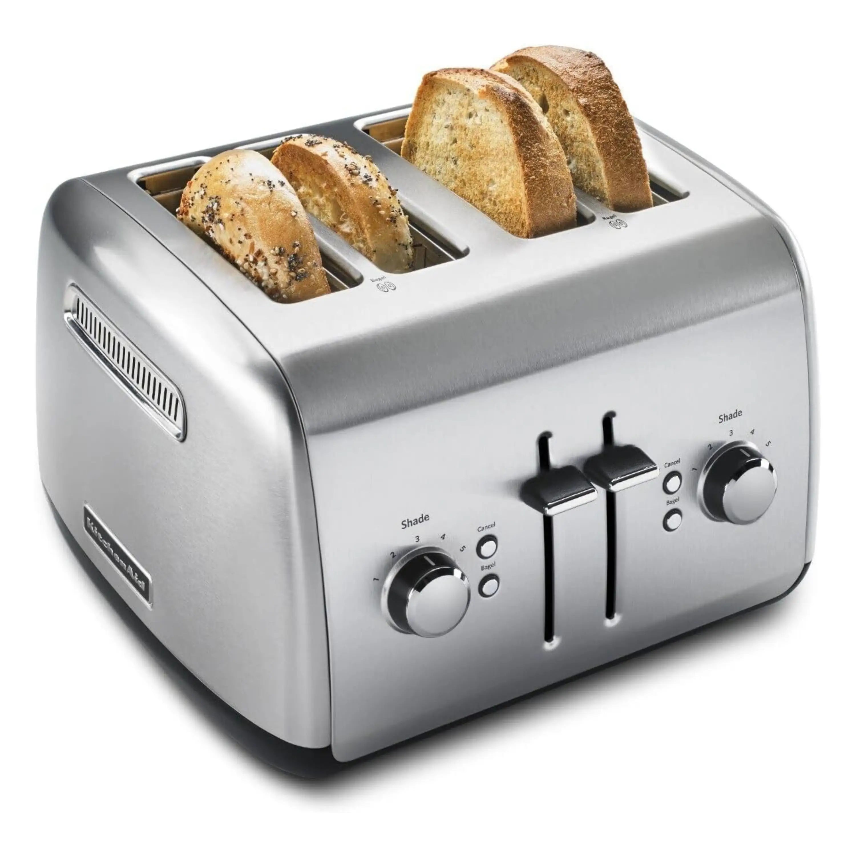 4-slice brushed stainless steel toaster with bread in the four toaster slots