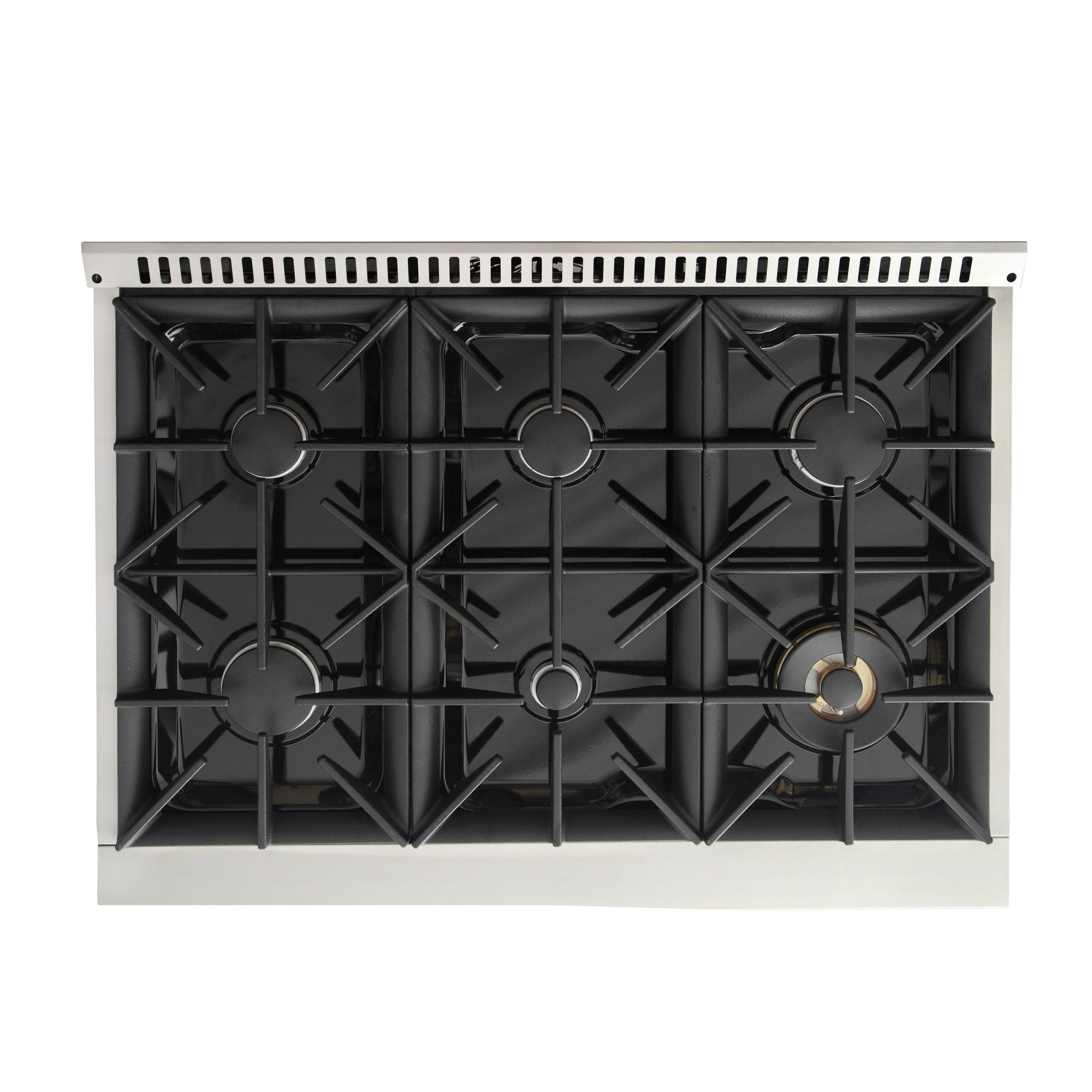 Black sealed gas burner grates with five burners on the range cooktop