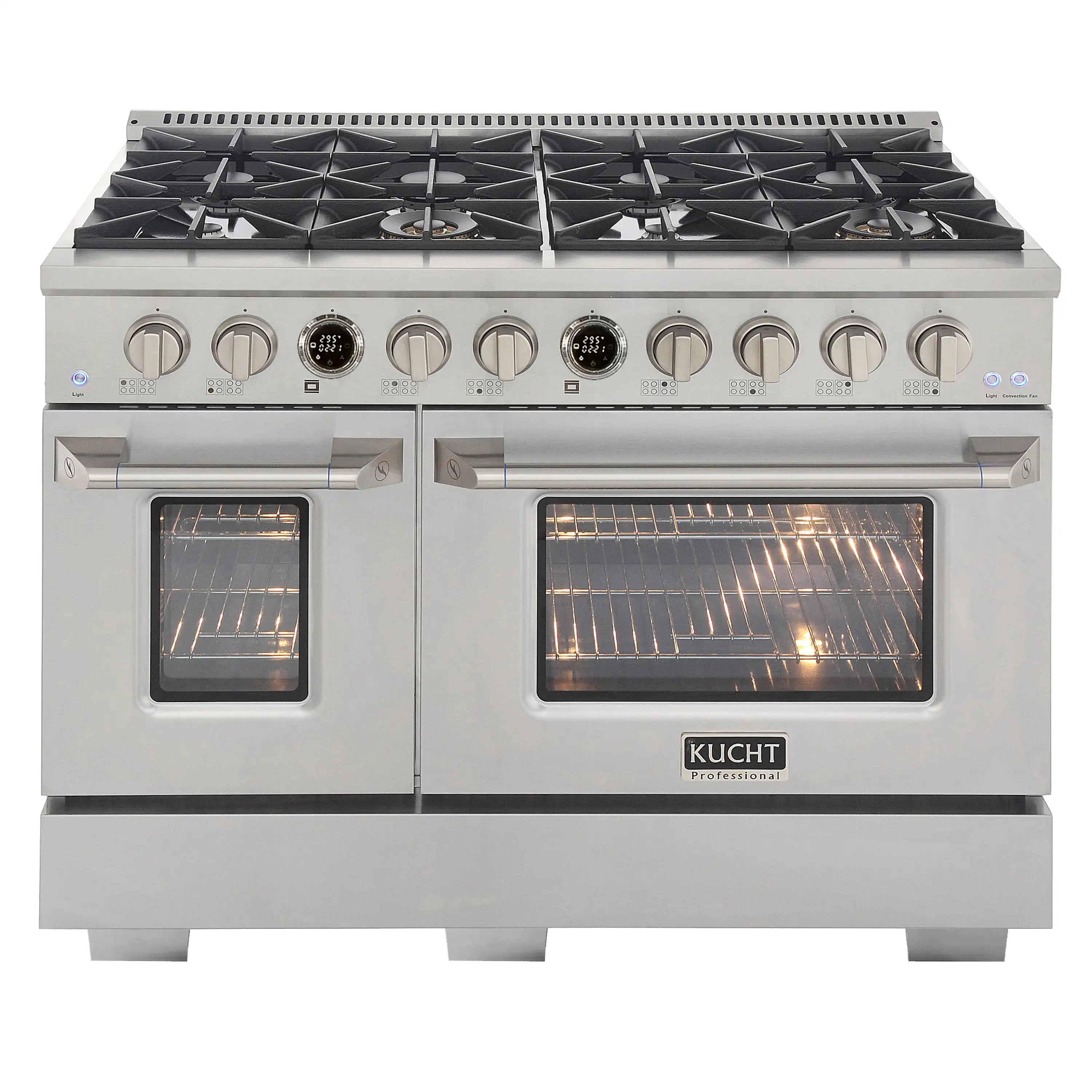 Stainless dual fuel range with gas burner grates and dual ovens, illuminated heating elements