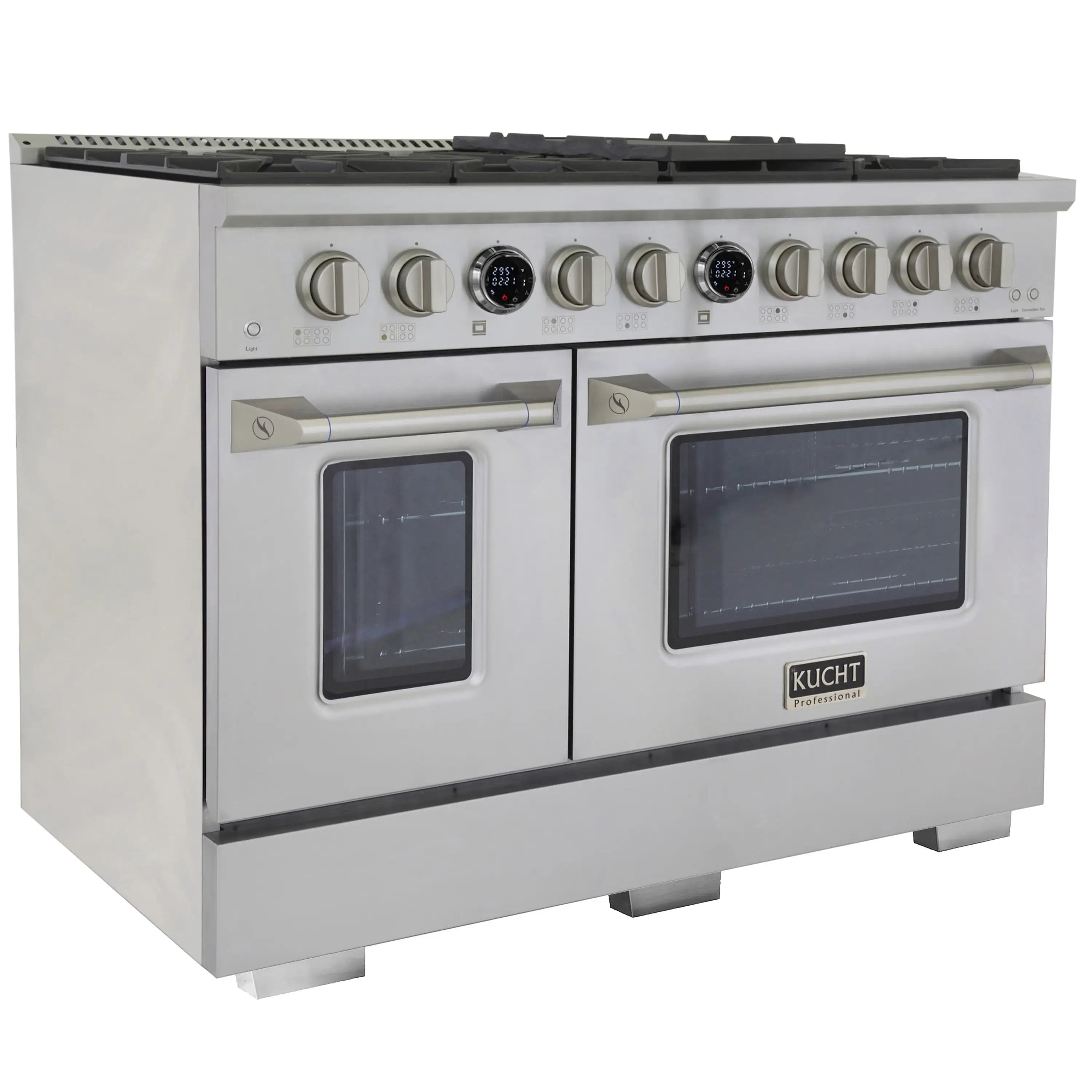 Stainless dual fuel range with control knobs and two closed oven doors, black glass windows