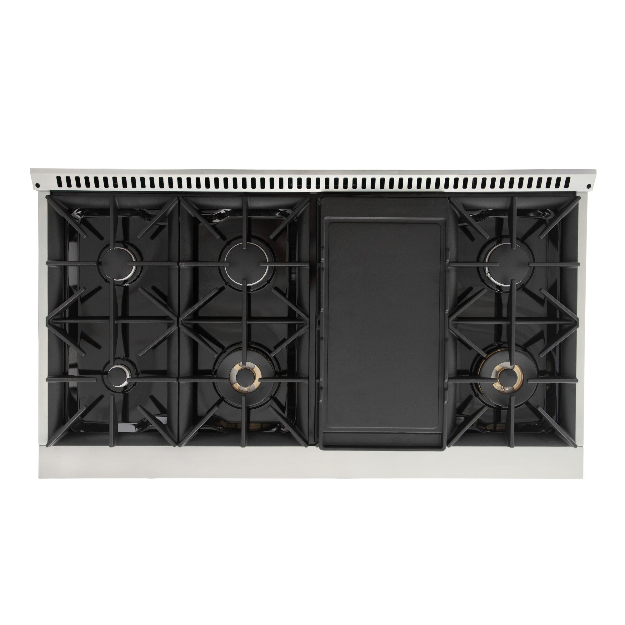 Dual fuel range cooktop with black grates, burners, and closed oven door