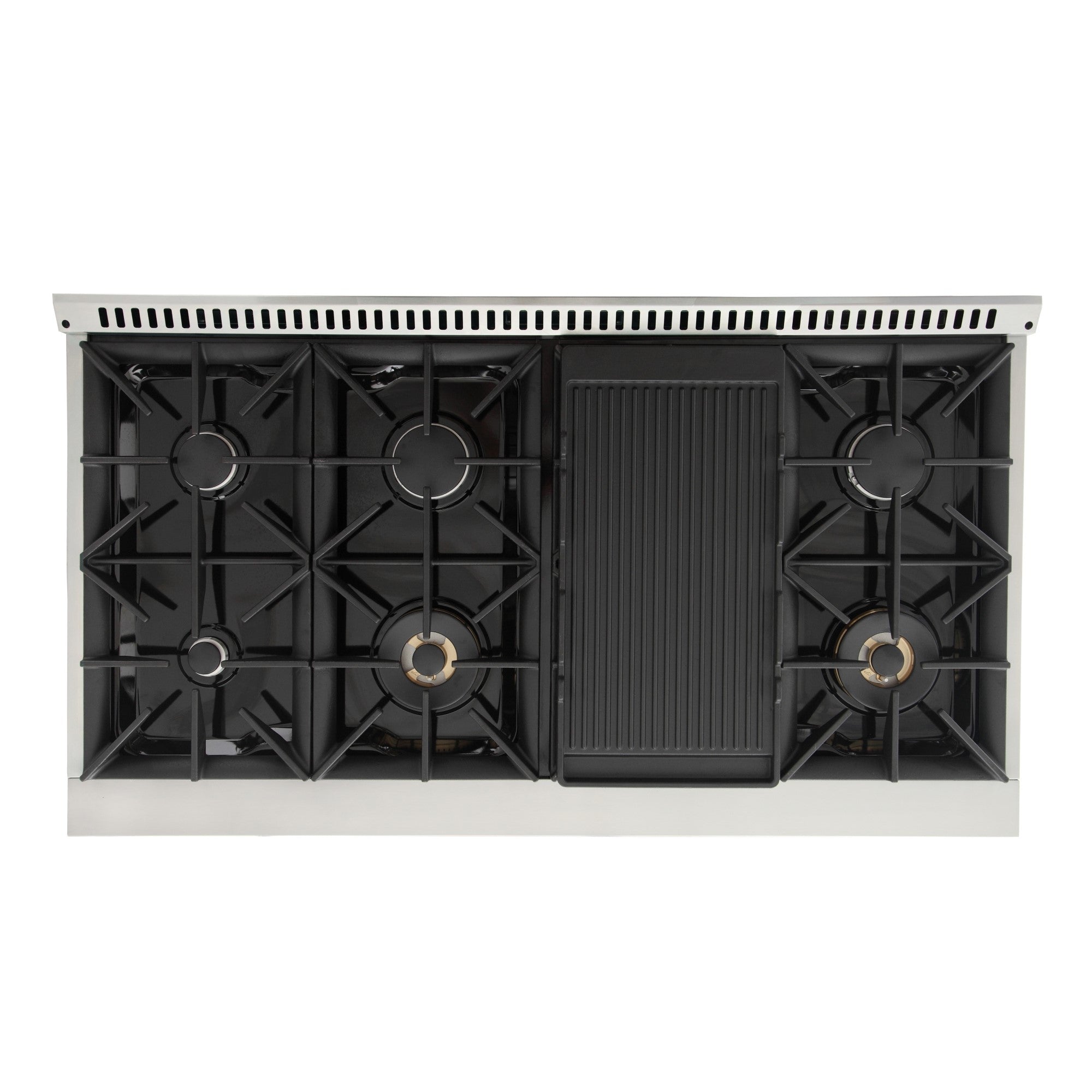 Dual fuel range cooktop with black grates and burners with ribbed oven door