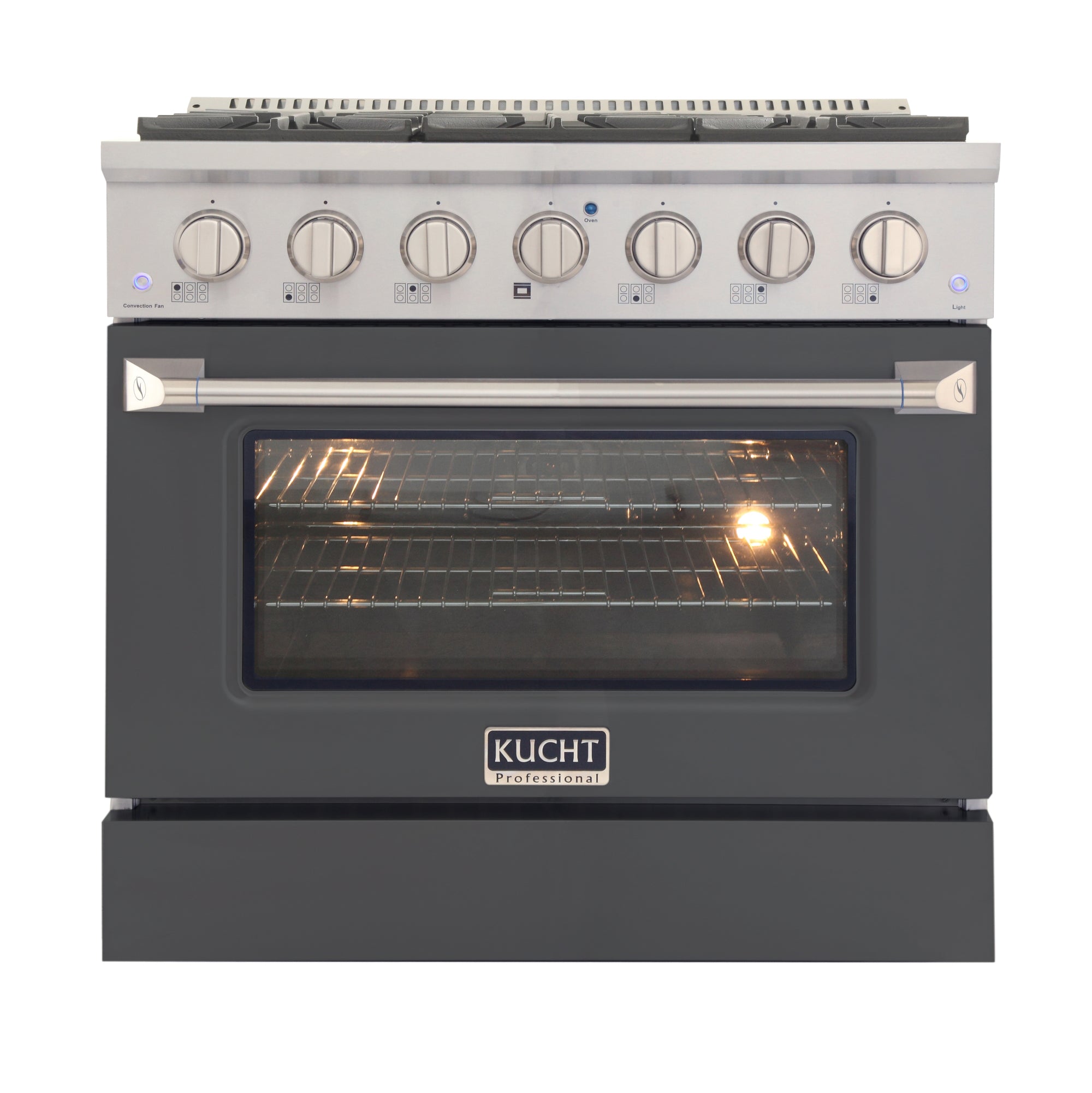 Cement gray gas range with front control knobs and convection oven door