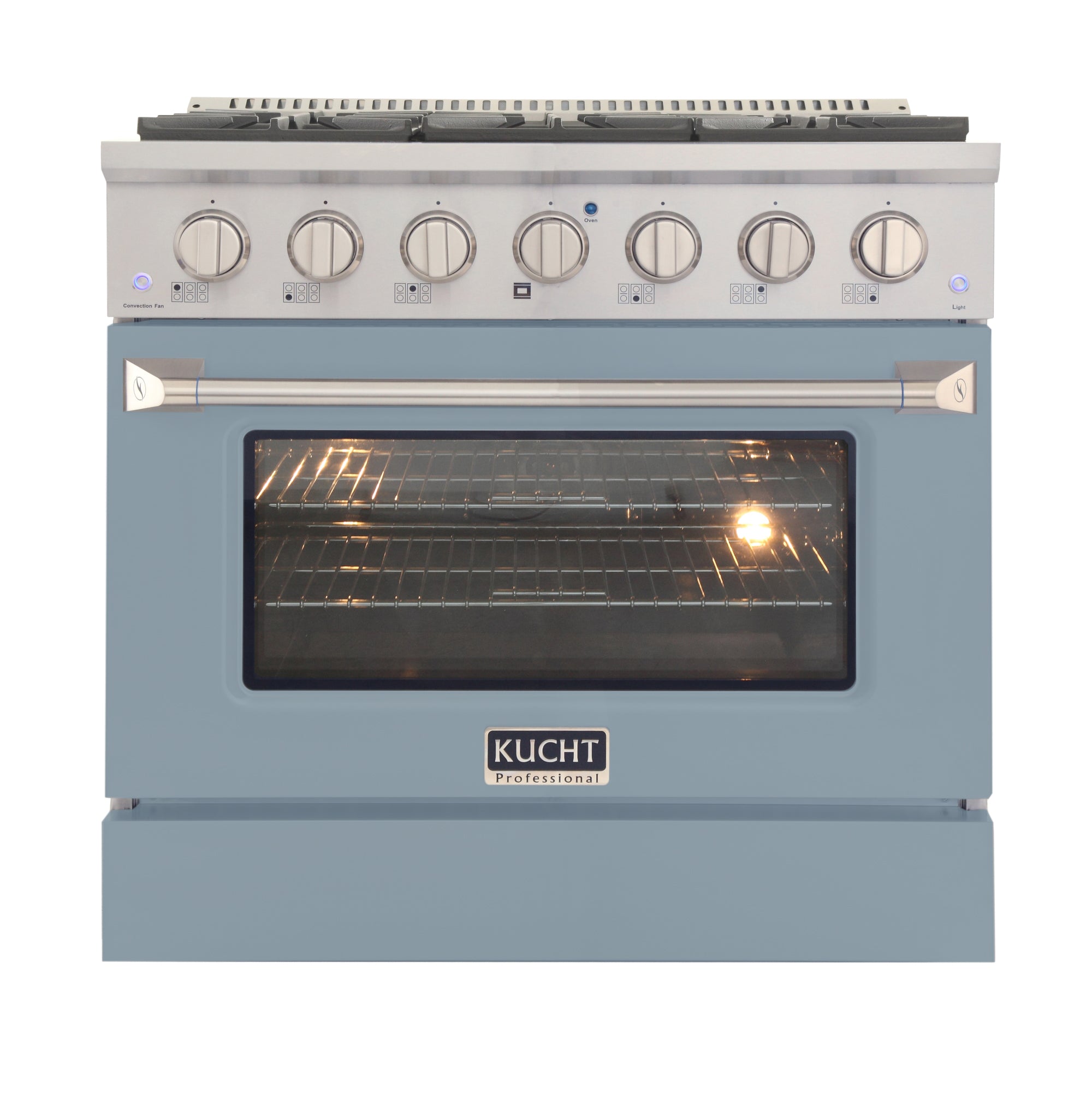 Little blue Kucht gas range with oven window and front control knobs