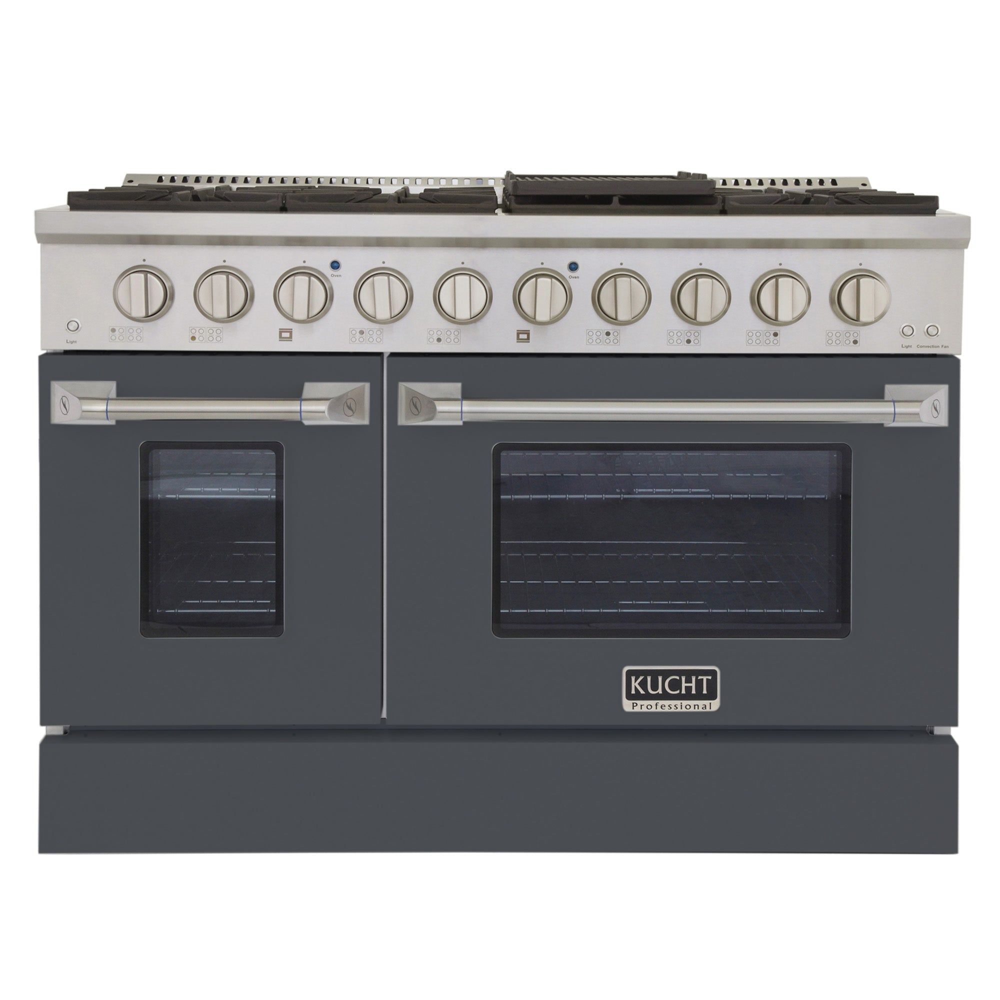 Cement gray 48-inch natural gas range with sealed burners and dual ovens