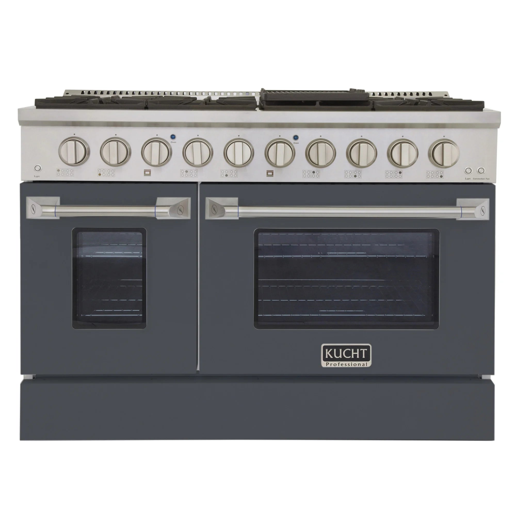 Pro-style gas range front with stainless control panel, knobs, and two oven doors