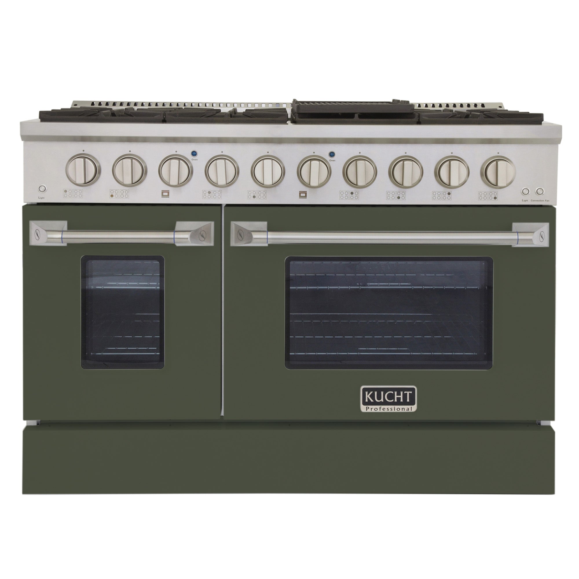 Olive green gas range front with burner knobs and two oven windows