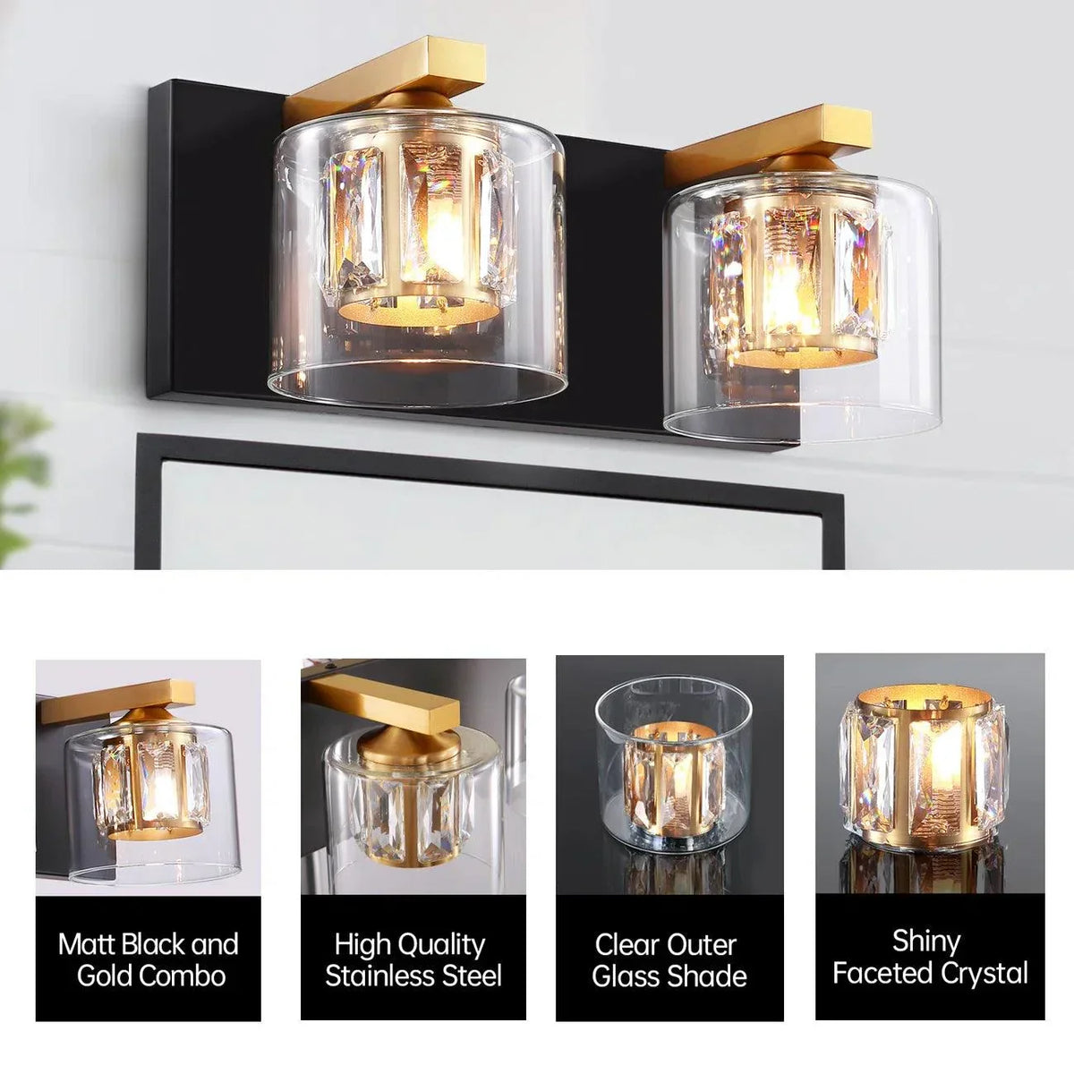 Modern 2-light bathroom vanity light with black backplate, gold accents, clear glass shades.