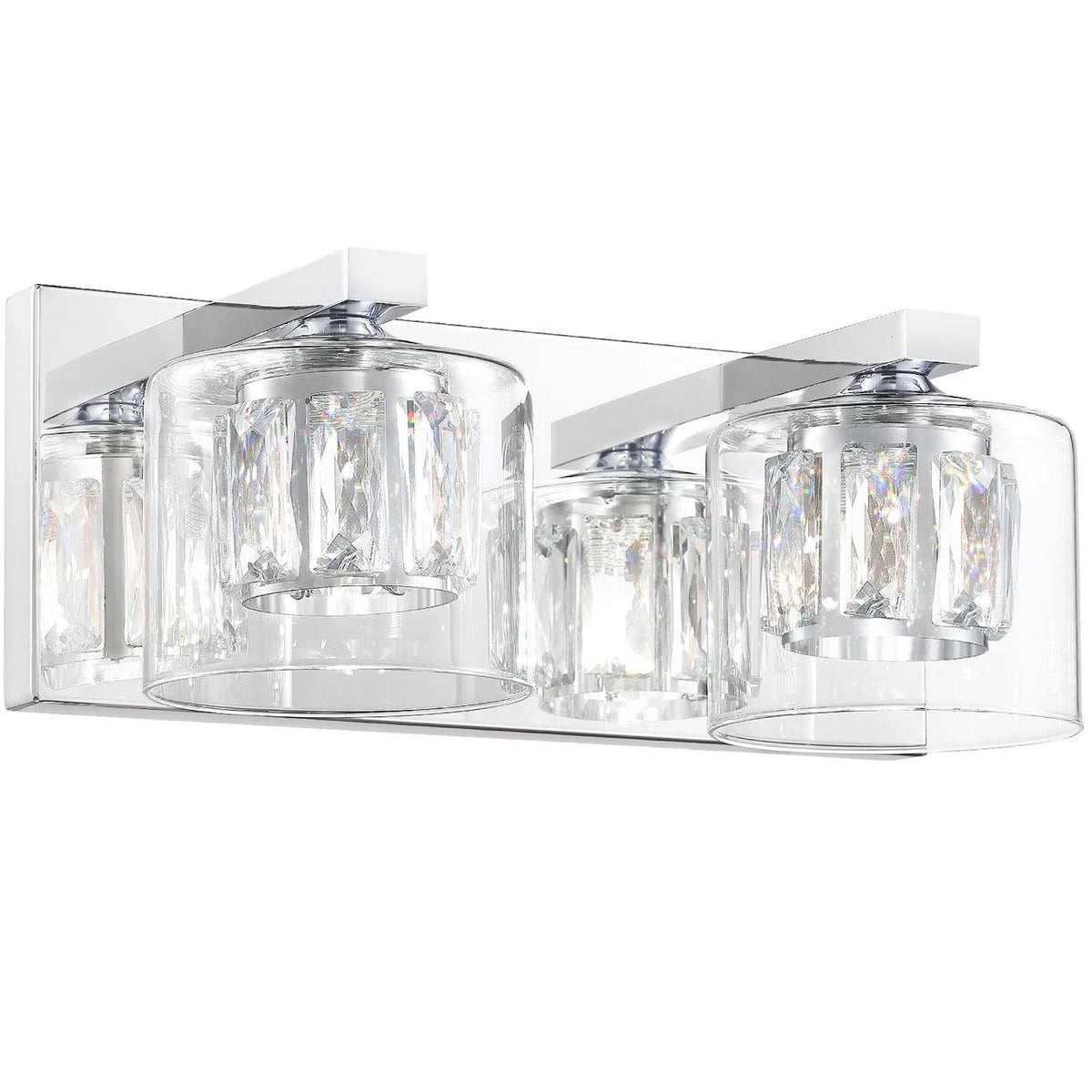 Chrome 2-light wall vanity light with clear glass cylinders and chrome arms
