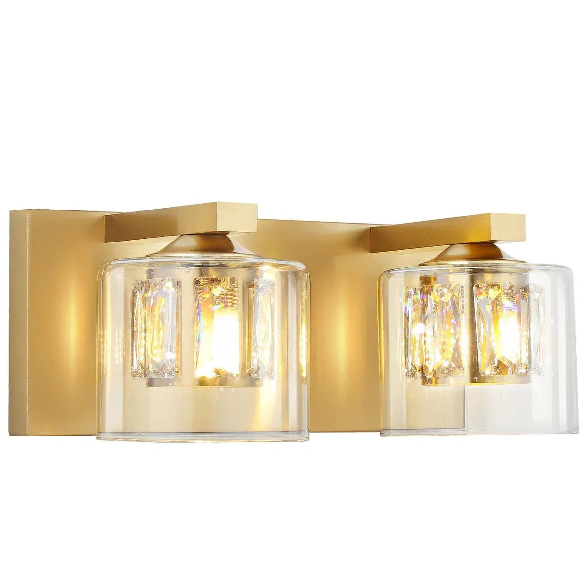 Golden 2-light bathroom vanity light with clear glass shades and gold backplate
