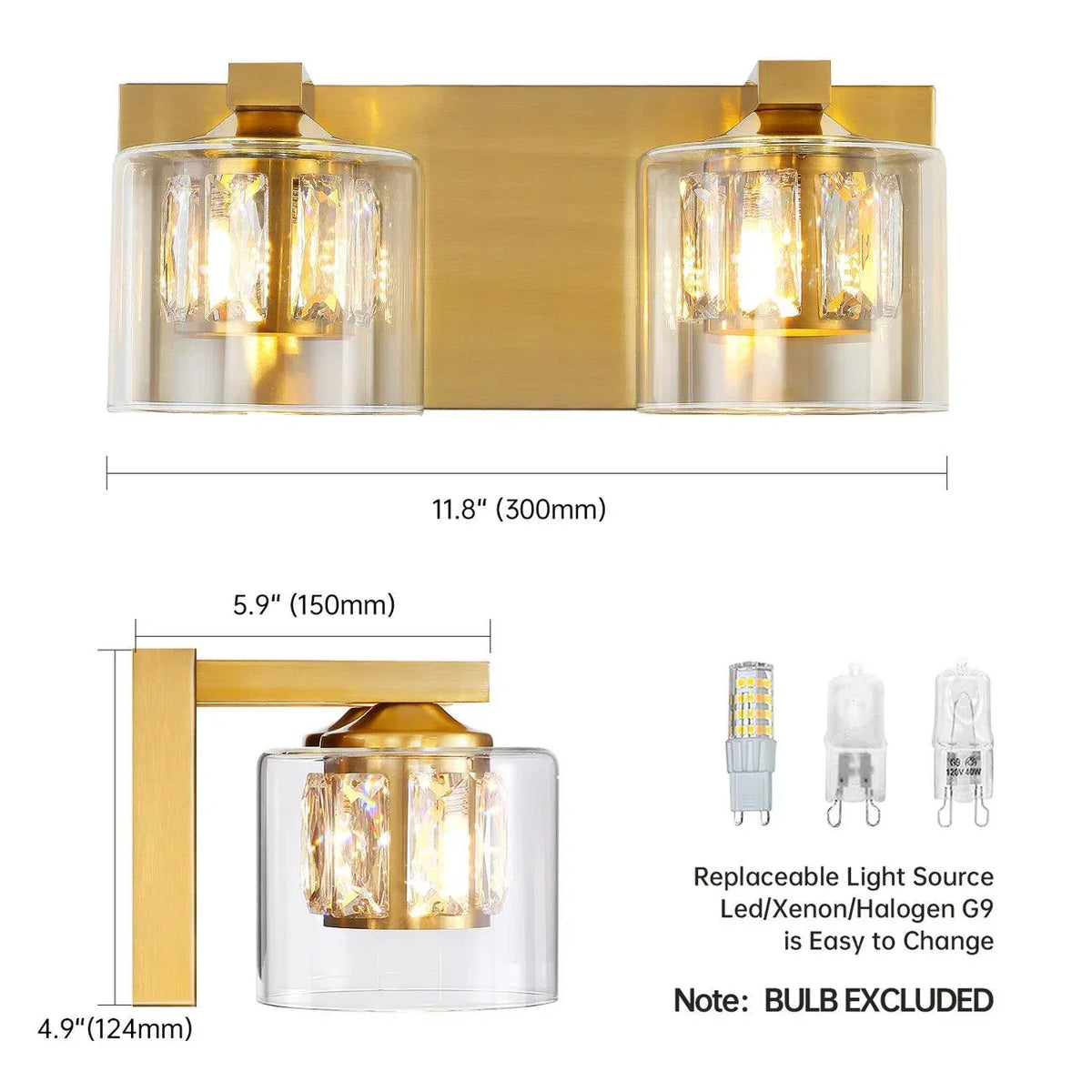Two-light vanity light with clear glass shades, golden backplate, and exposed filament bulbs