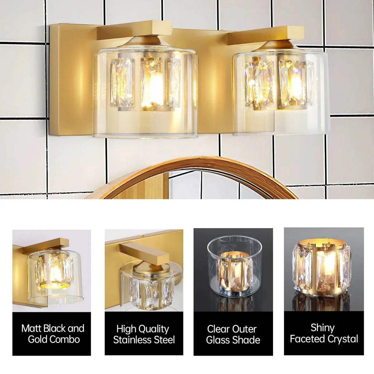 Two-light wall-mounted vanity light with clear glass cylinders and golden metal frame