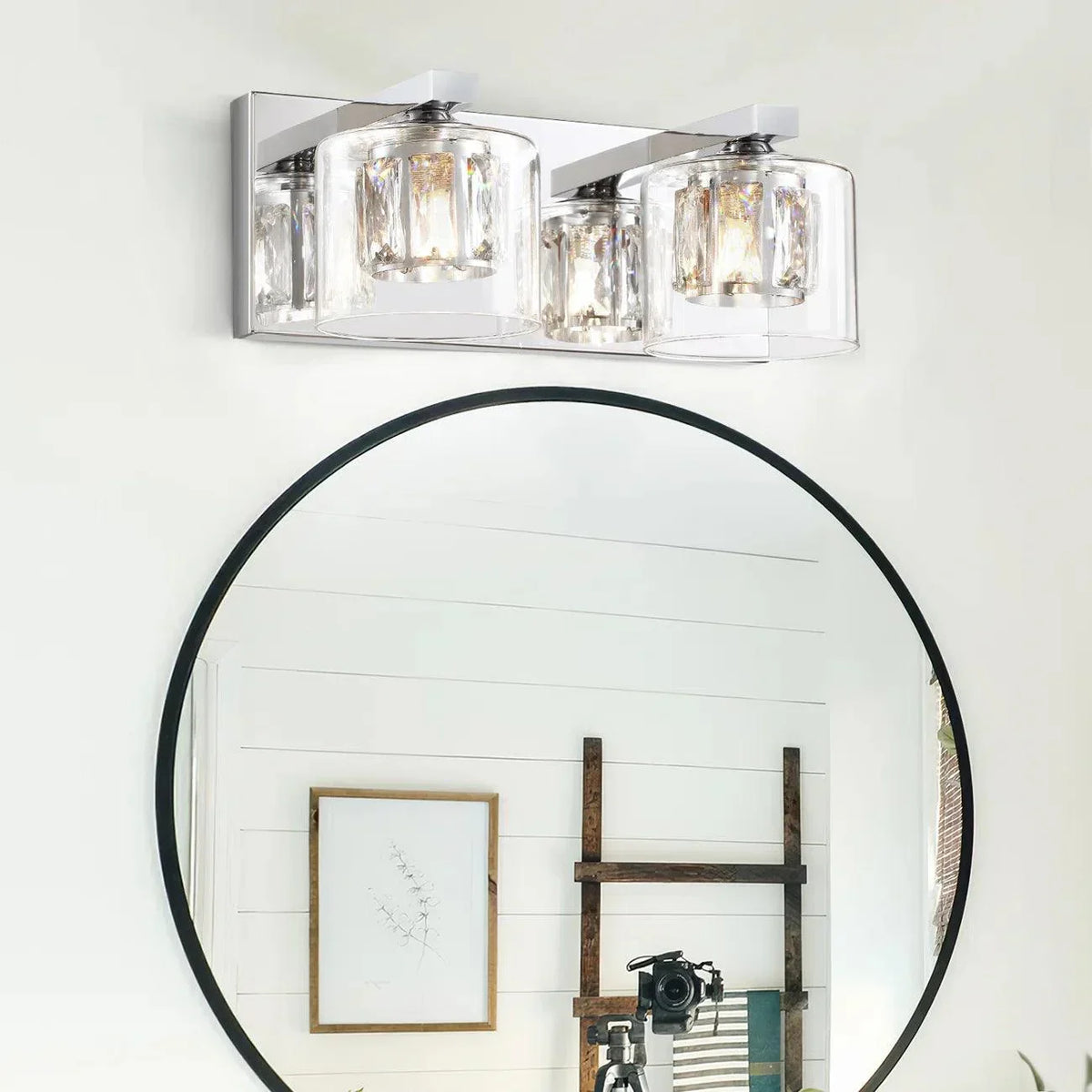 Chrome 2-light bathroom vanity light with clear cylindrical glass shades