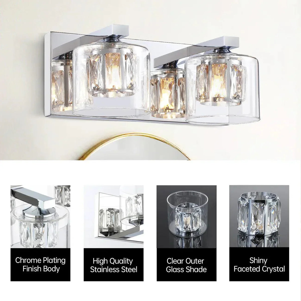 Chrome 2-light bathroom vanity light with clear glass shades and chrome frame
