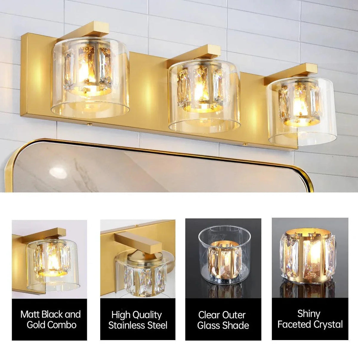Gold 3-light bathroom vanity light with clear glass shades on a long backplate