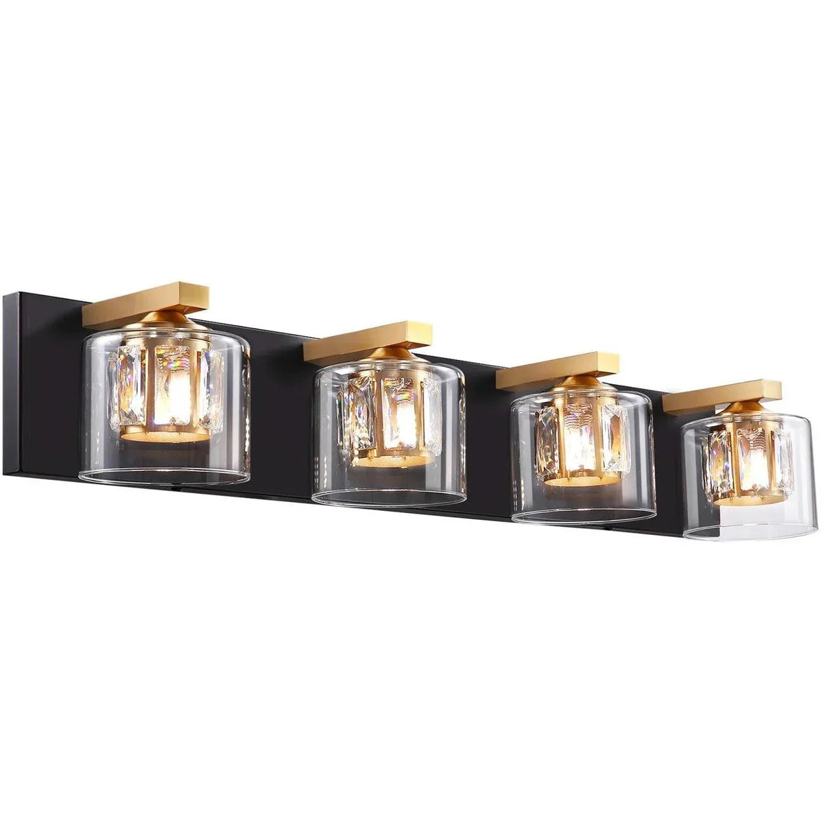 4-light bathroom vanity light with black backplate, gold accents, and clear glass shades