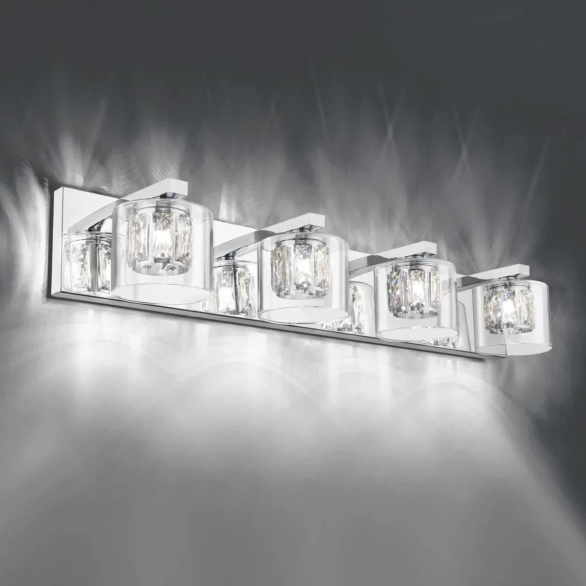 Chrome 4-light bathroom vanity light with clear glass crystal shades