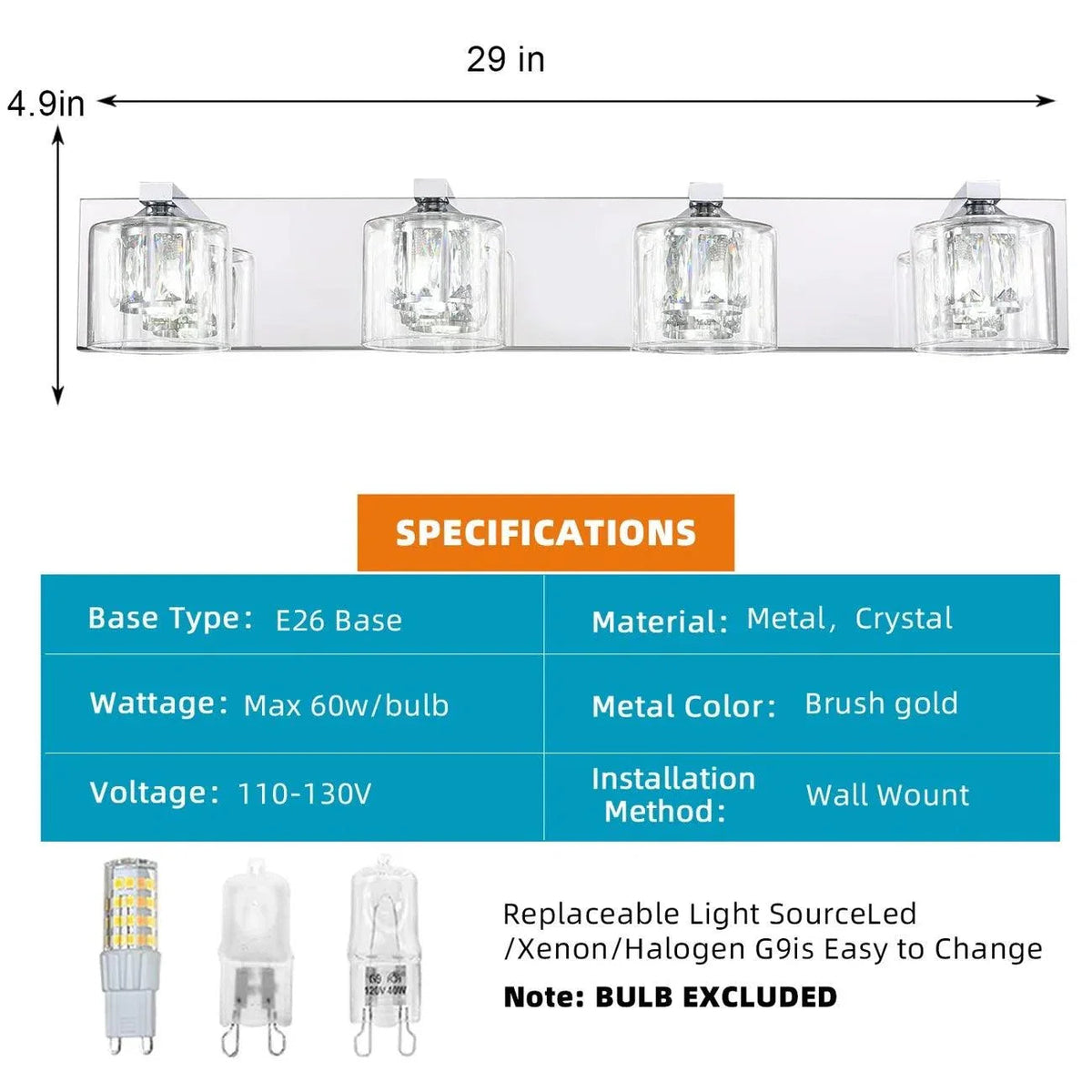 4-light vanity light bar, 29 in wide, with clear glass shades and metal frame