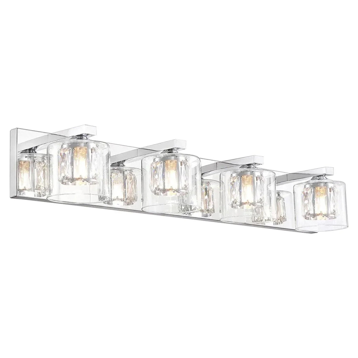 4-light bathroom vanity light with clear glass shades and shiny metal frame