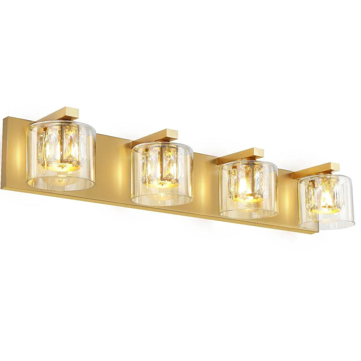 Brushed gold 4-light bathroom vanity light with clear glass crystal shades