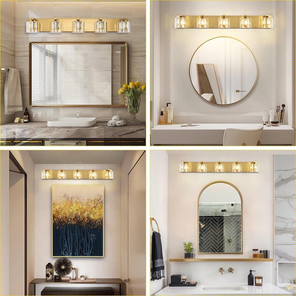 5-light bathroom vanity light with golden frame and clear glass cylinder shades