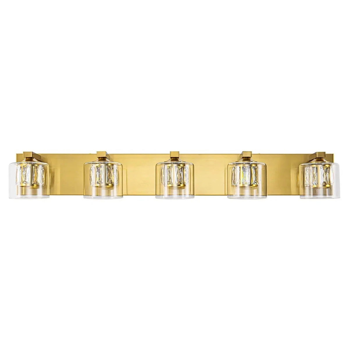 5-light bathroom vanity light with golden finish and clear glass cylinder shades