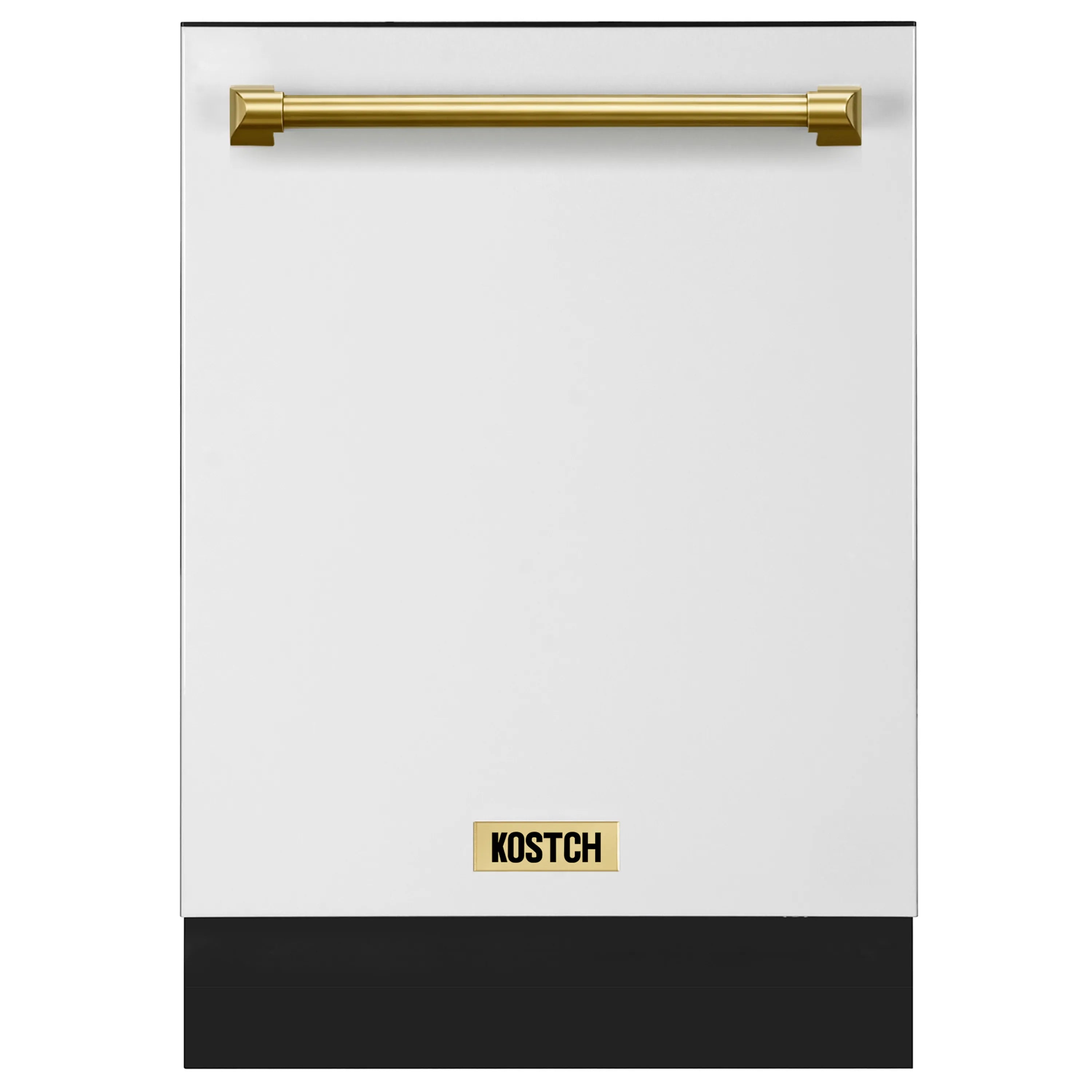 24-inch built-in dishwasher front with bronze handle and control badge, white