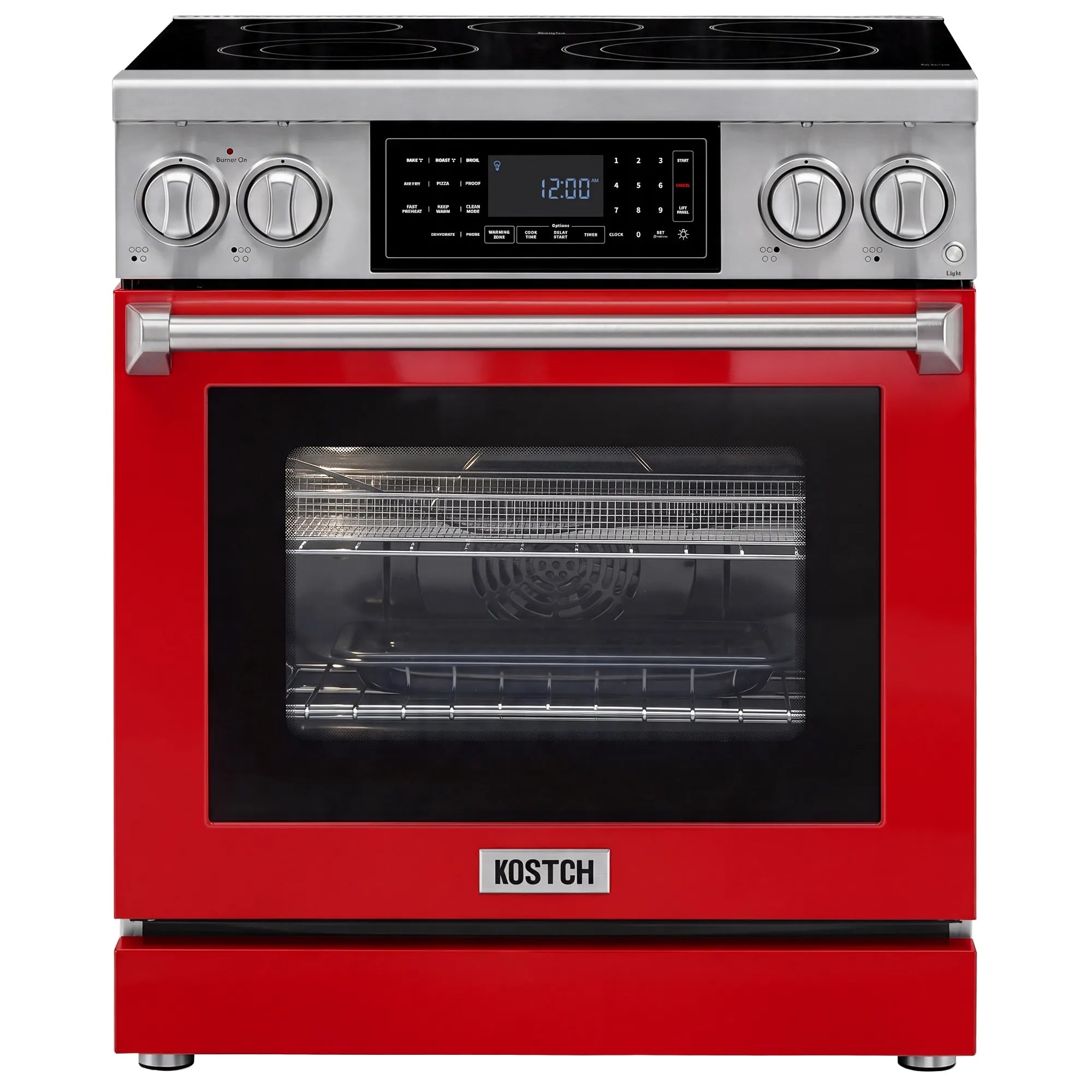 Red electric convection oven range with black cooktop and front touchscreen display