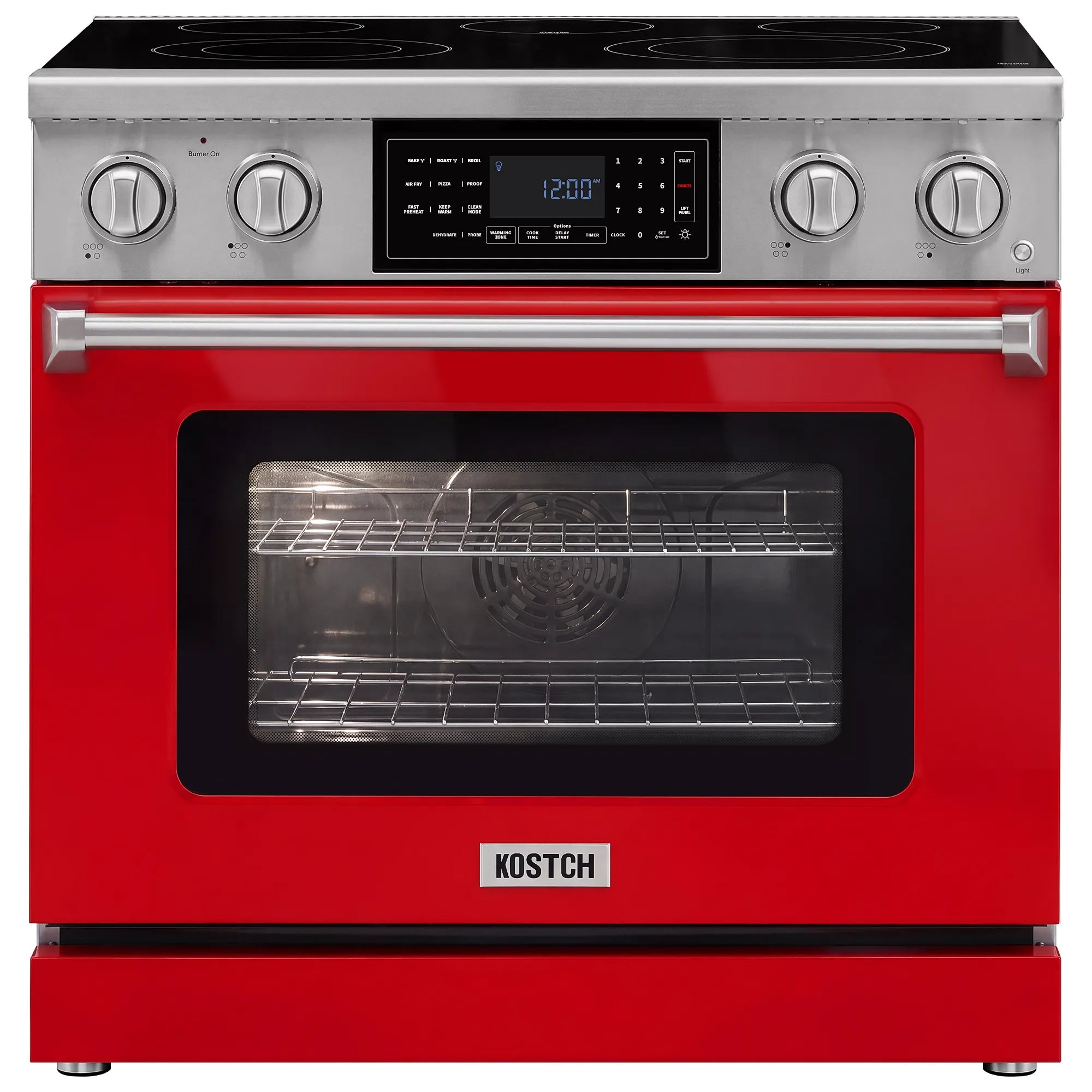 Red electric oven range front with glass door, racks, and digital control panel