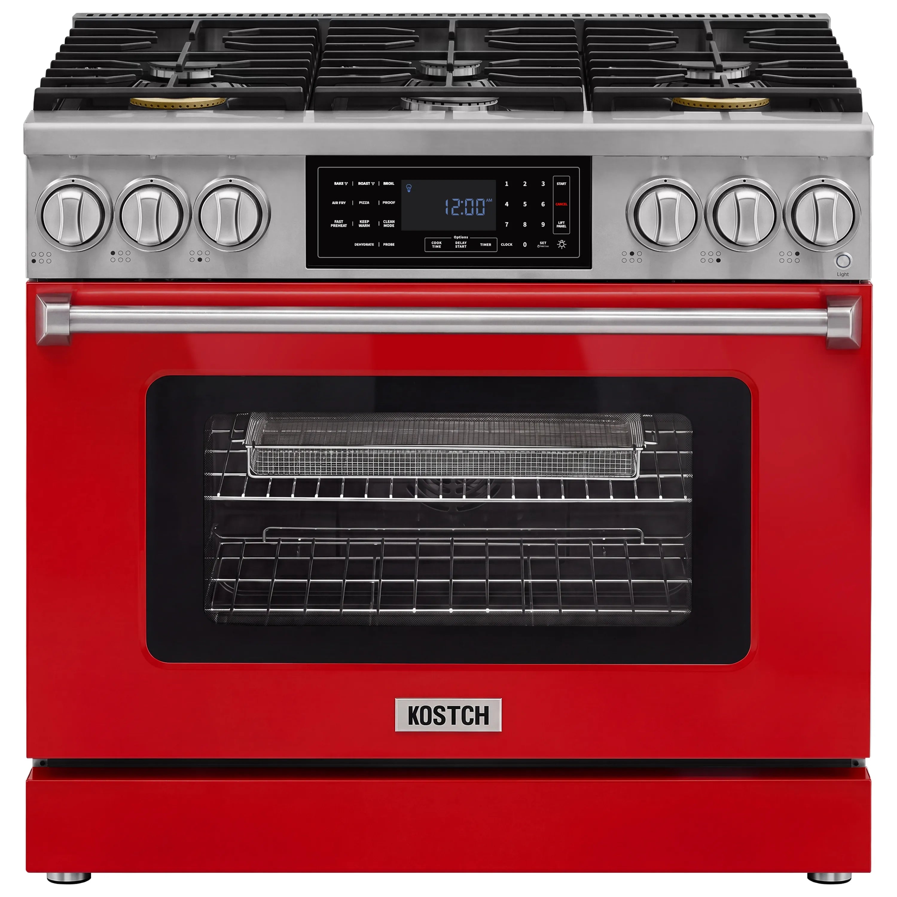Red gas range oven front with glass window and wire racks inside