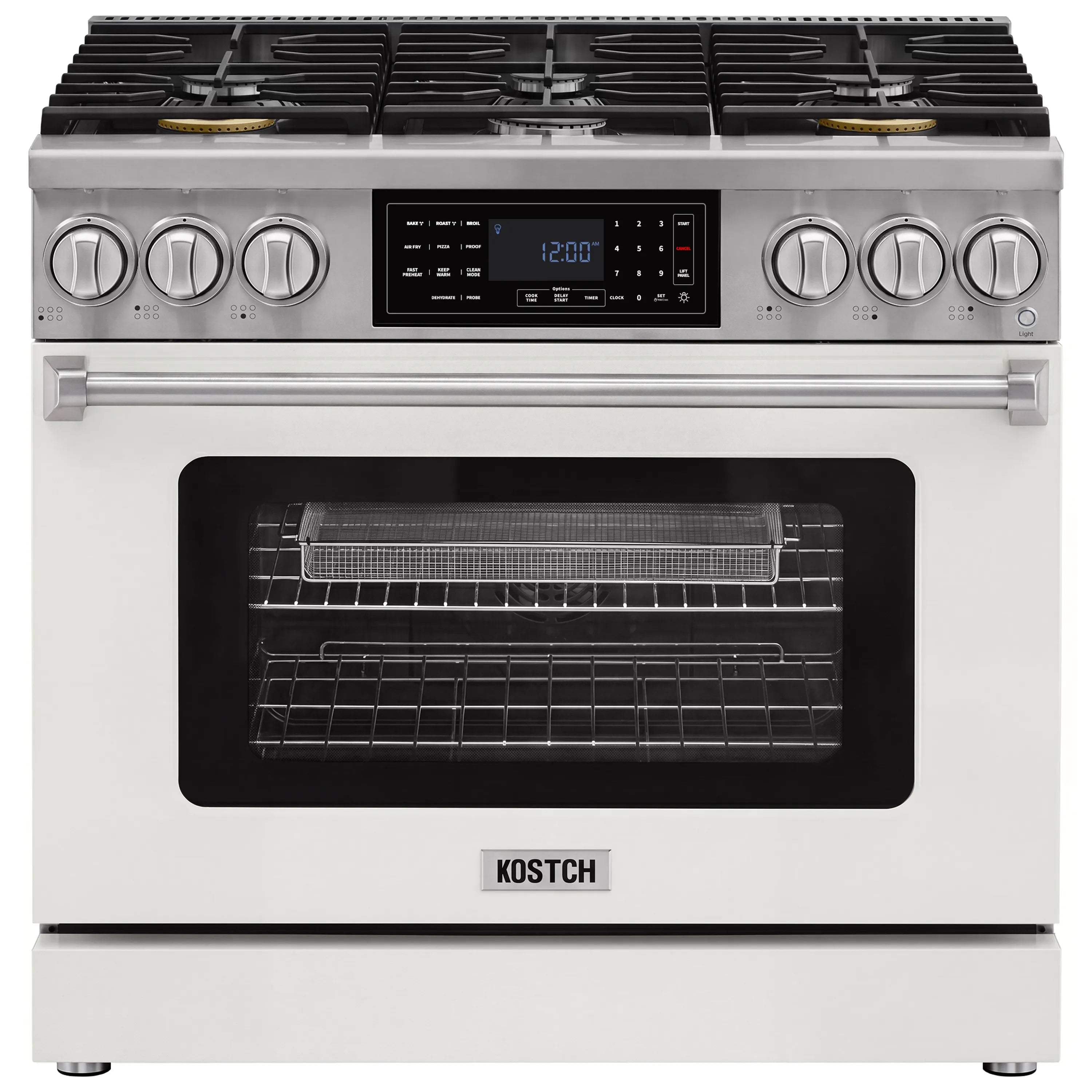 White gas range with six burners and large black oven window and racks