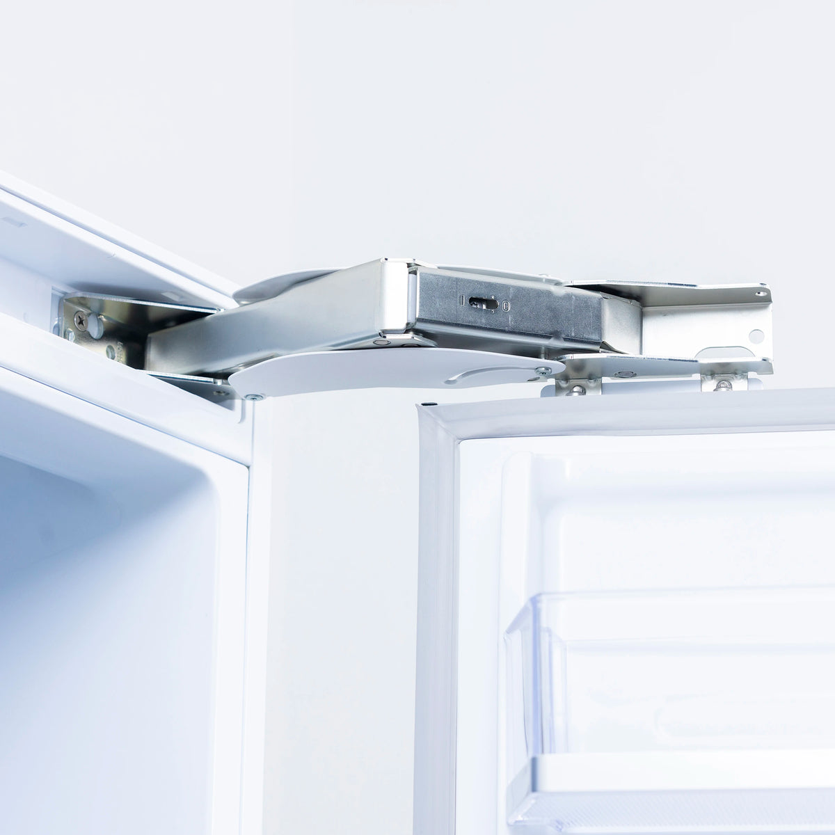 Panel-ready built-in refrigerator door hinge and mounting brackets, stainless steel finish