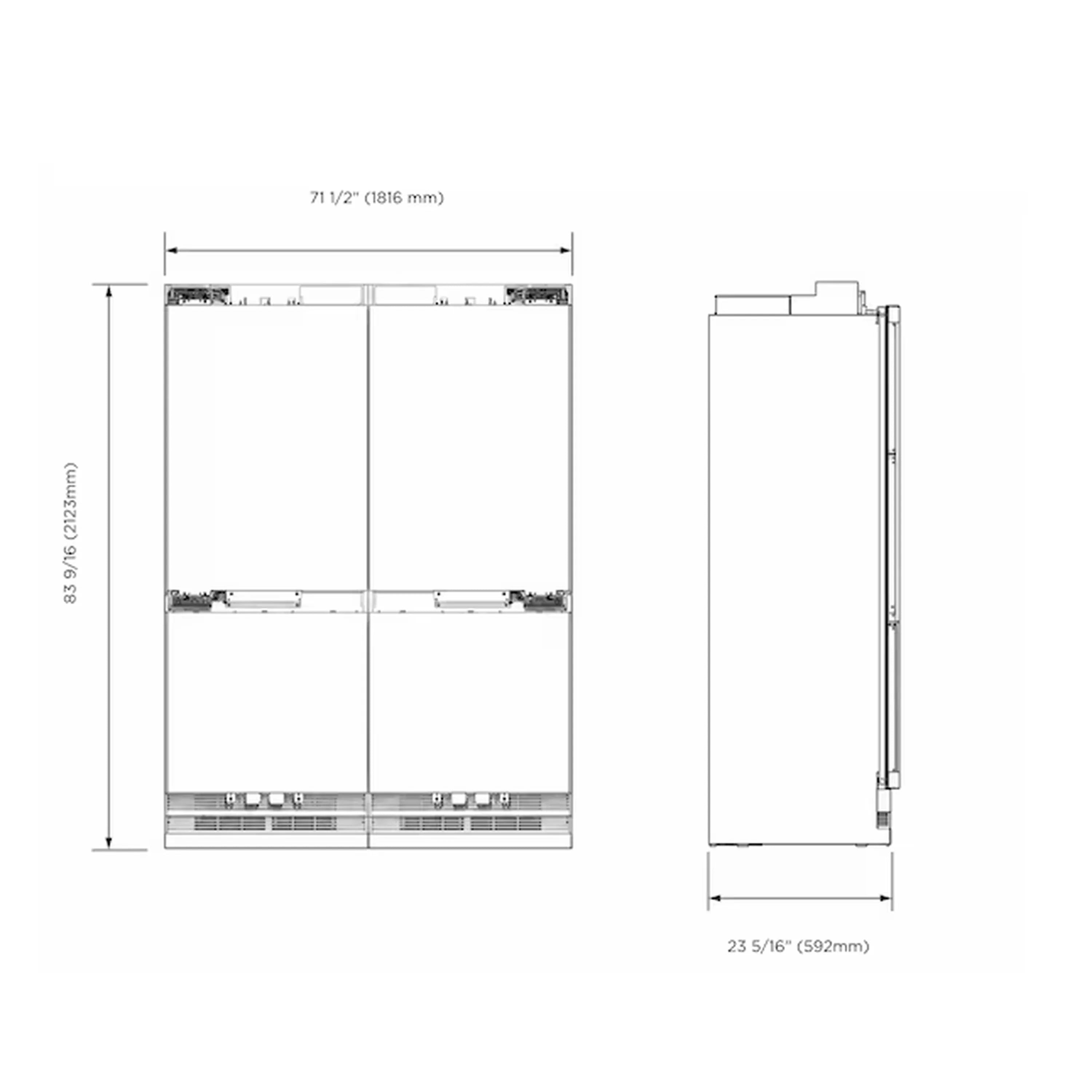Built-in French door refrigerator dimensions diagram with front and side views