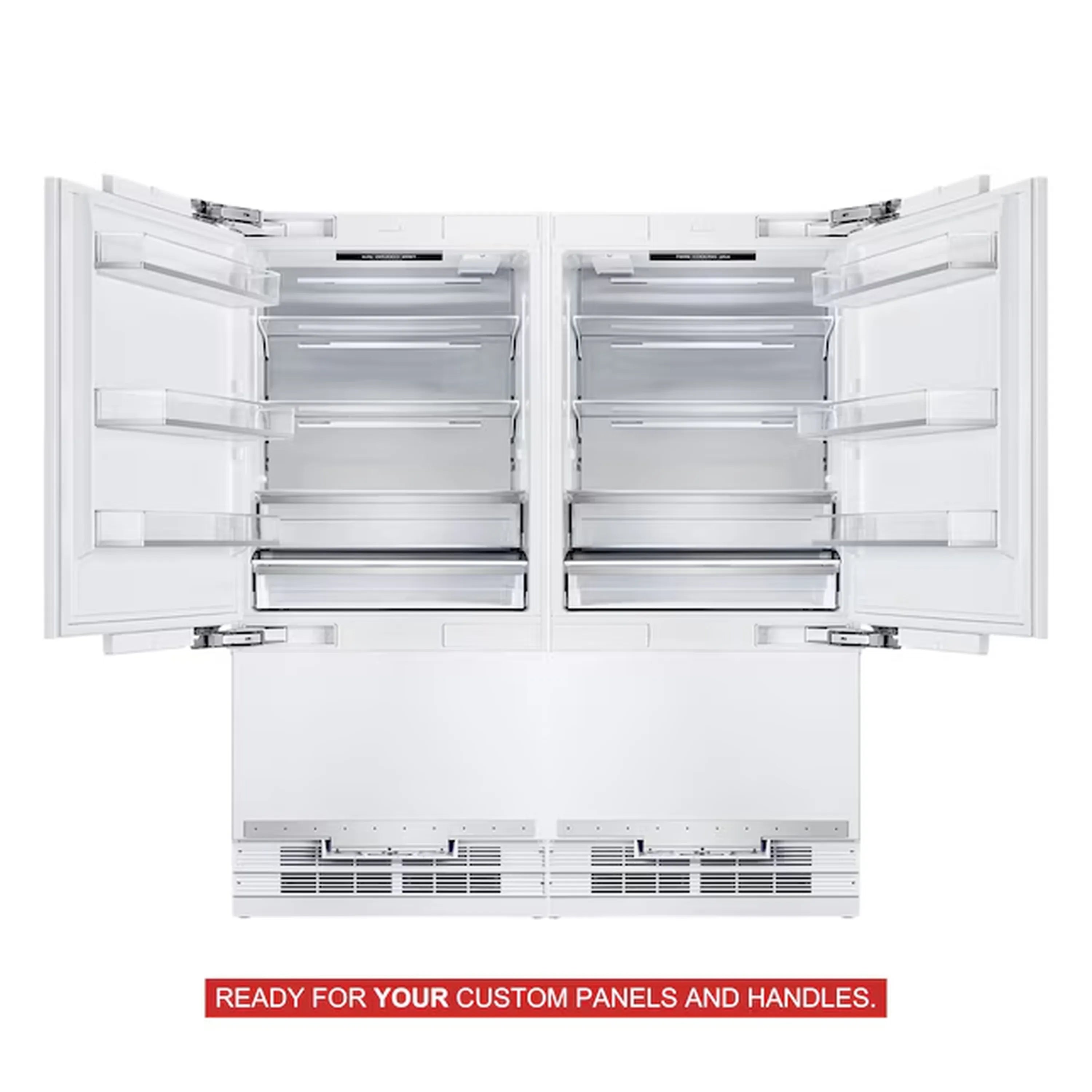 Panel-ready built-in French door refrigerator with interior shelves and drawers open