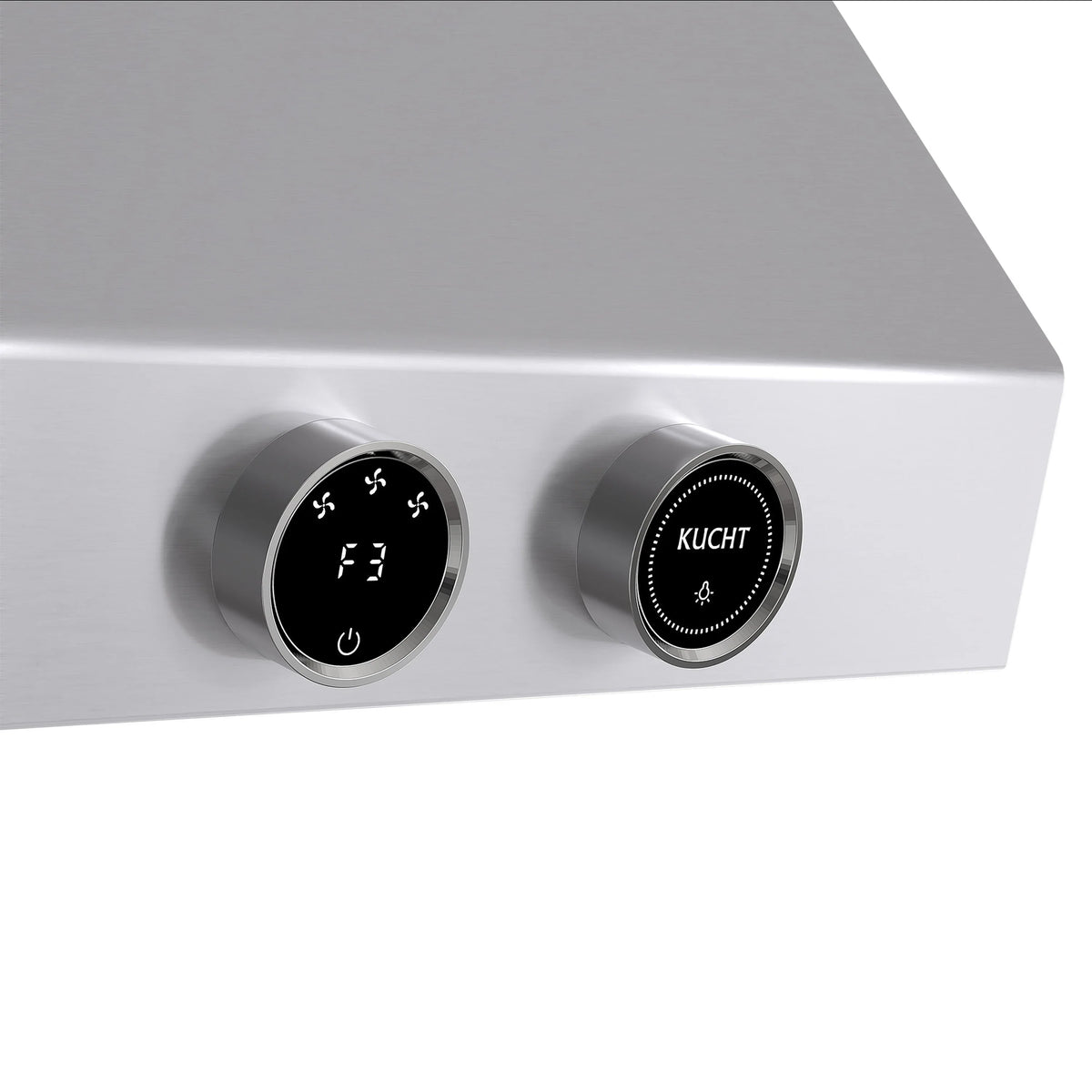 Stainless steel wall range hood control panel with two round knobs