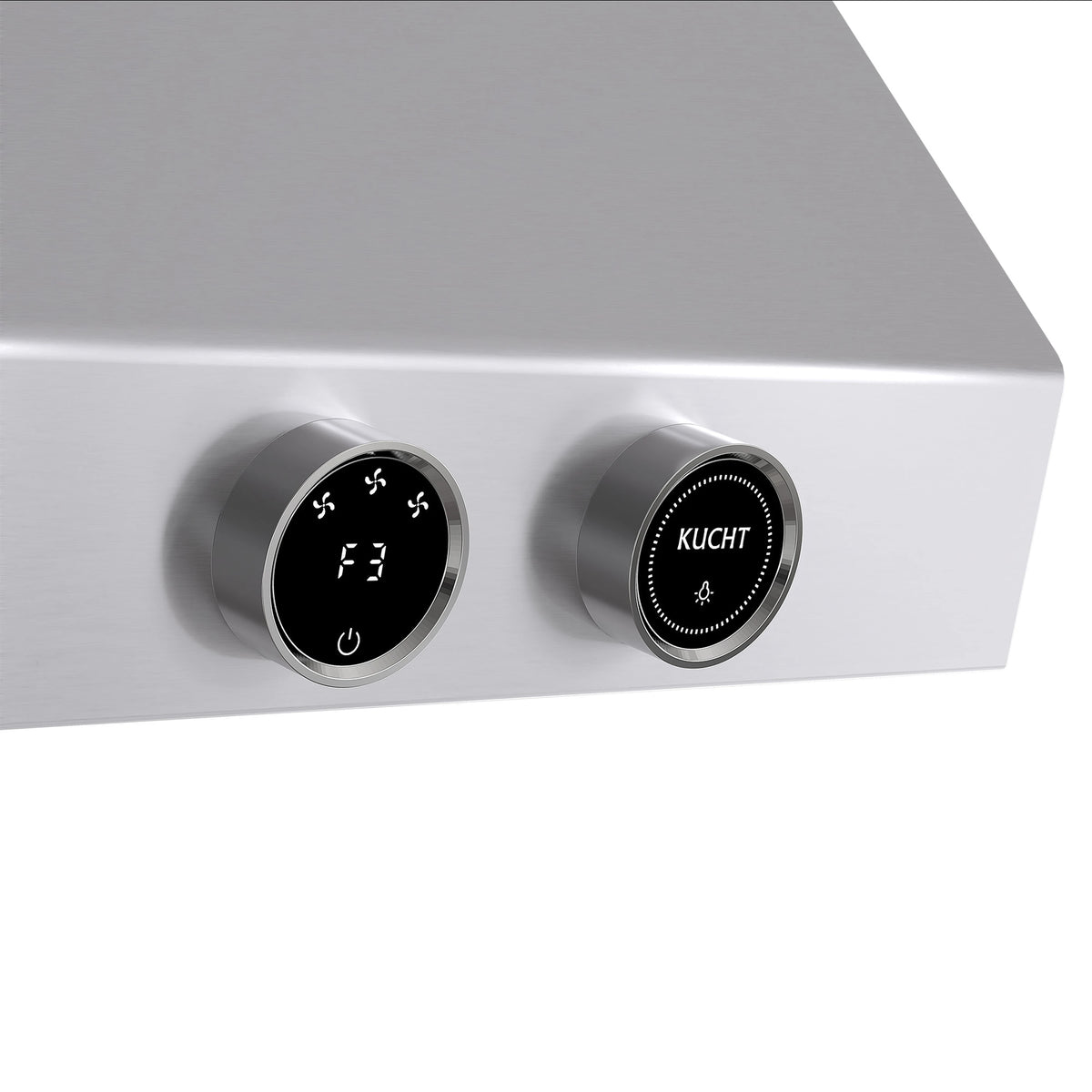 Stainless steel range hood front with two round electronic control buttons