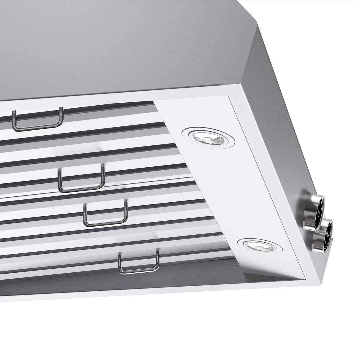 Stainless steel wall mount range hood interior baffle and damper near side opening